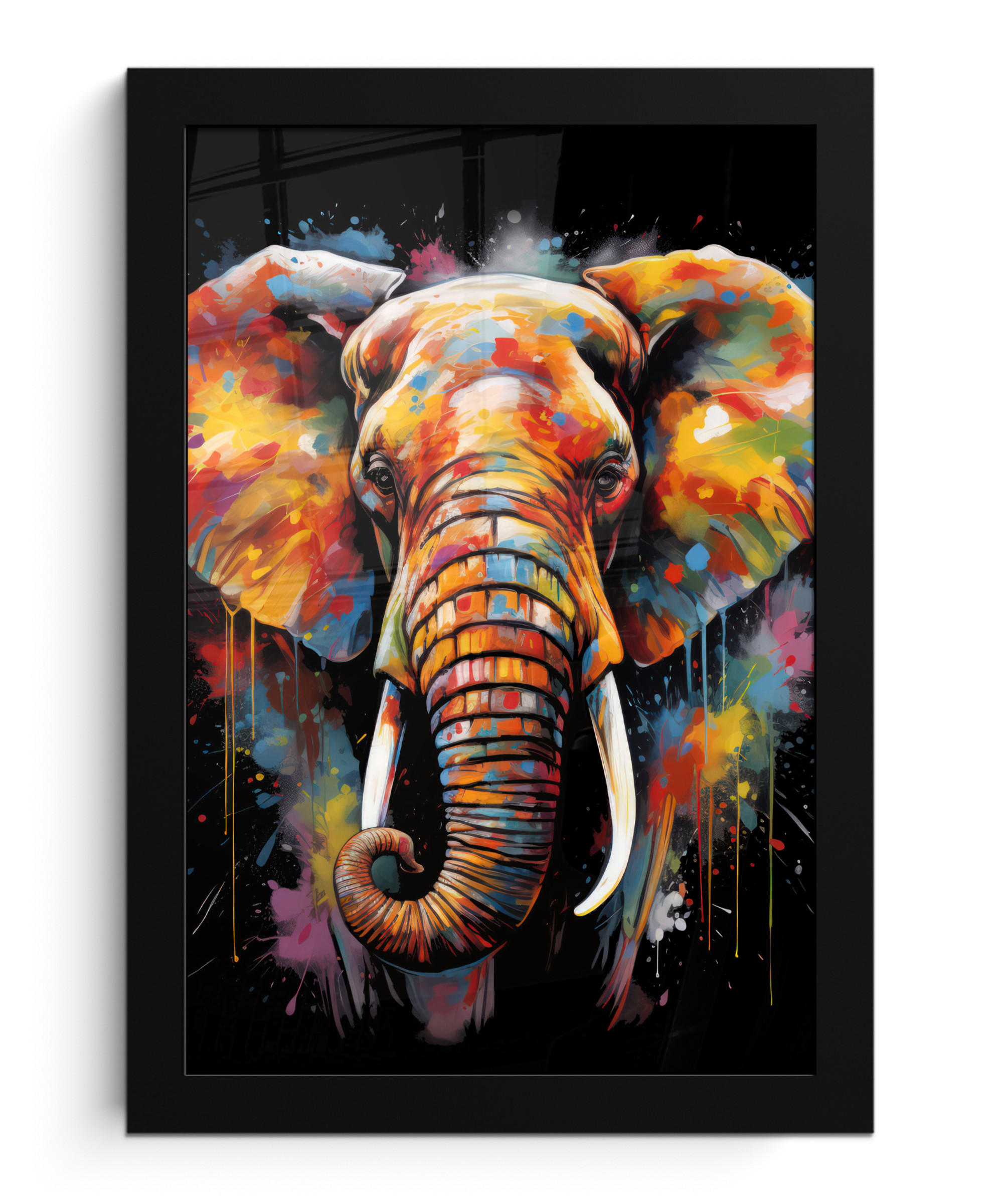 GERAHMTES BILD Elefant - Graffiti - Schwarz - Tiere - Farben 20x30 cm - Schwarz, Papier (20/30cm) - MuchoWow