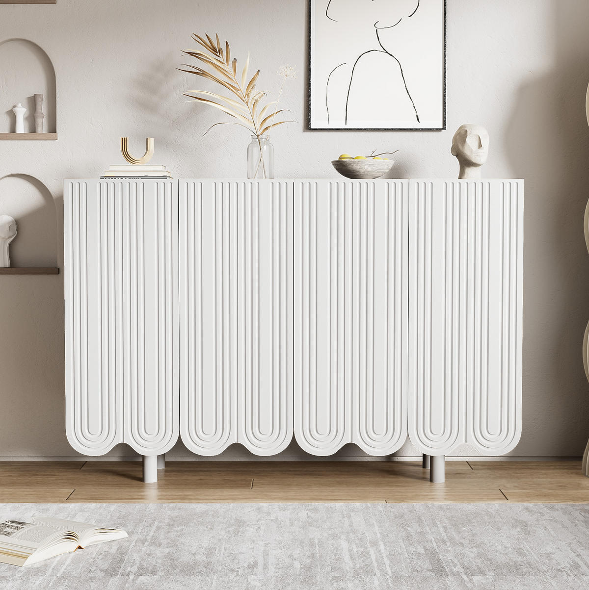 SIDEBOARD 120/37,5/80,8 cm mit 4 Türen in Weiß mit geschnitzter Front - Weiß, Holzwerkstoff (120/80.8/37.5cm) - BEAOK