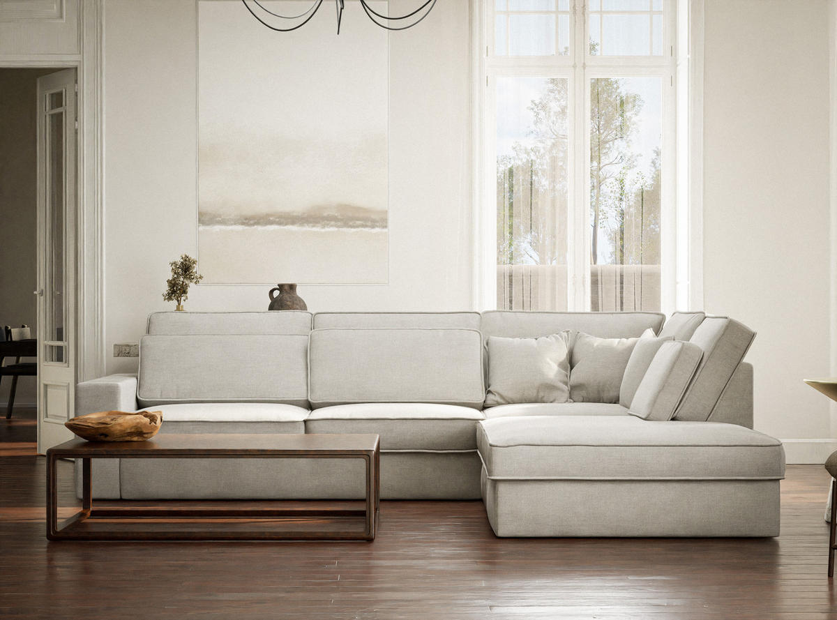 ECKSOFA Kirou Beige grau Chenille-Stoff - Rechts Seite - Greige/Schwarz, Holz/Holzwerkstoff (311/225cm) - Maison de Reve