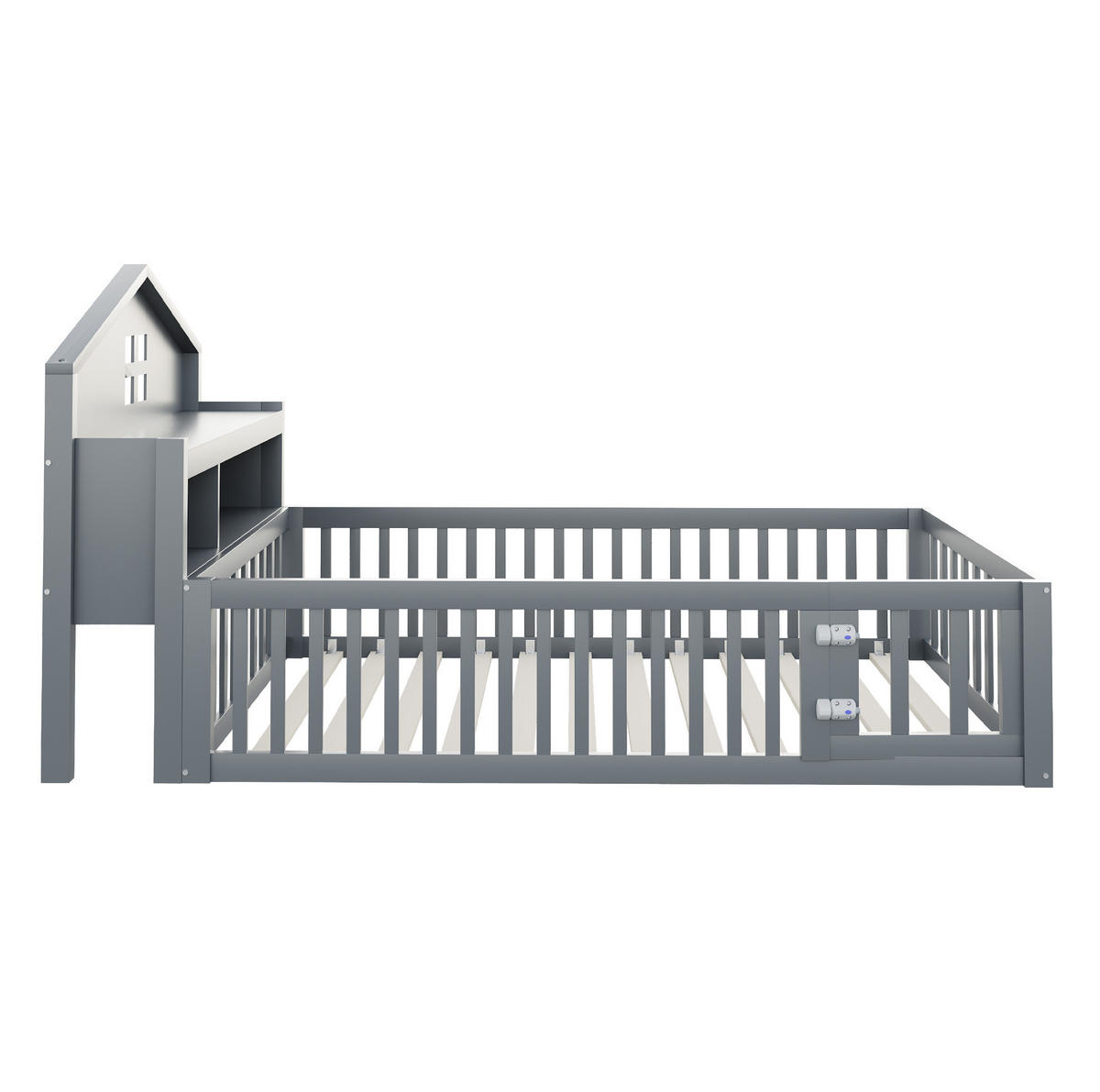 DOMČEKOVÁ posteľ 90/200 cm sivá z masívneho dreva s úložným čelom, ochrannou zábranou a dvierkami - sivá, kompozitné drevo (90/200cm) - OKWISH