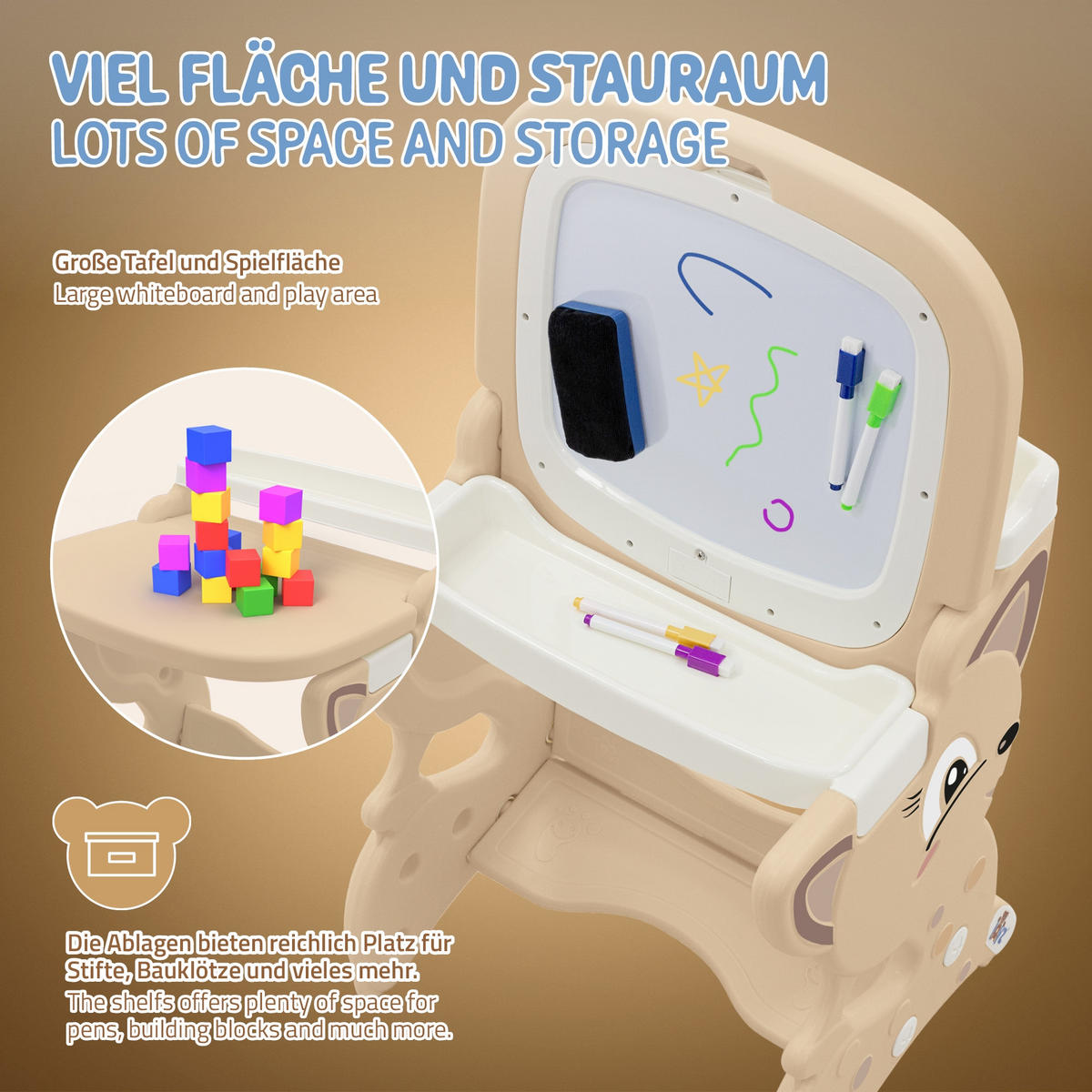 HRACÍ STŮL hnědý s LCD tabulí, dětská stolička a příslušenství - hnědá, plast (41/76/45cm) - Joyz