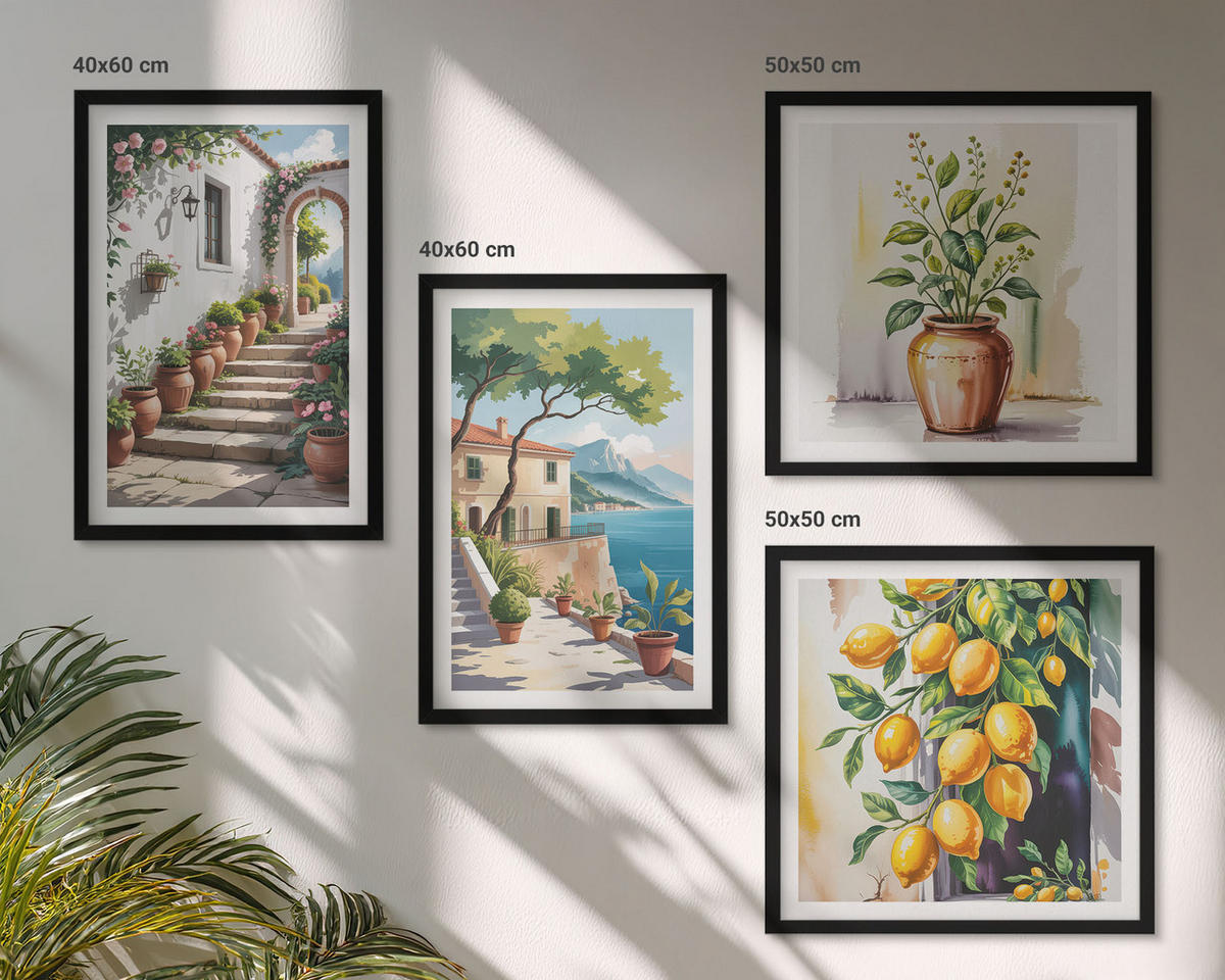 WANDBILDER 4er-Set - 50x50 cm & 40x60 cm Schwarzer Rahmen - Zitronenblüten am Meer - Schwarz, Kunststoff (50/50cm) - ArtPrintCave