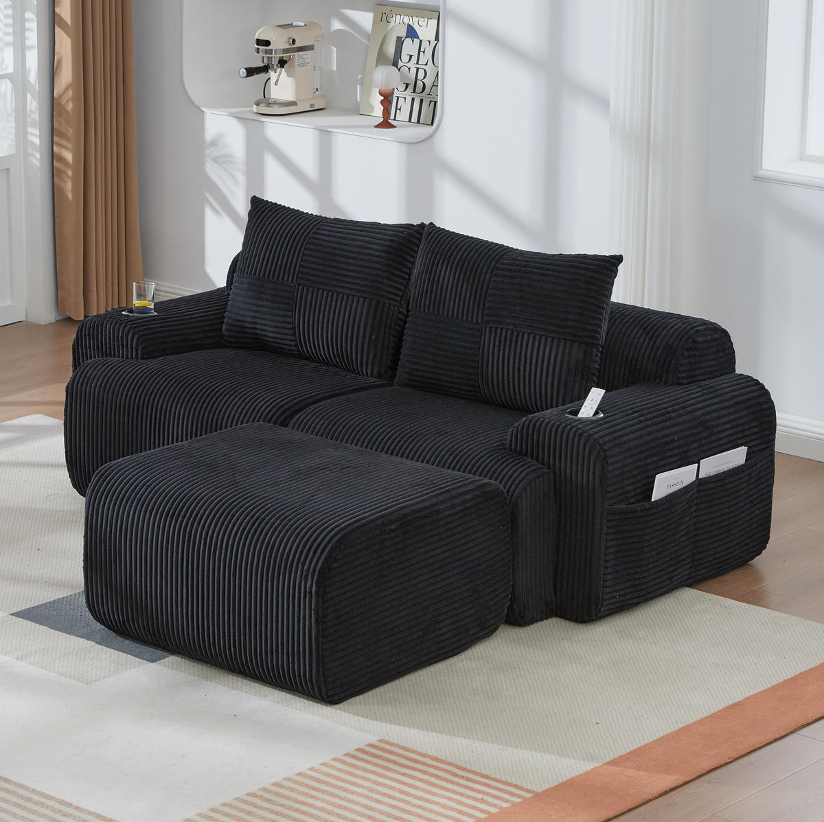 SOFA modular 200 x 174 cm Corduroy Black mit Cupholder - Schwarz, Kunststoff (174/200cm) - Meubliv