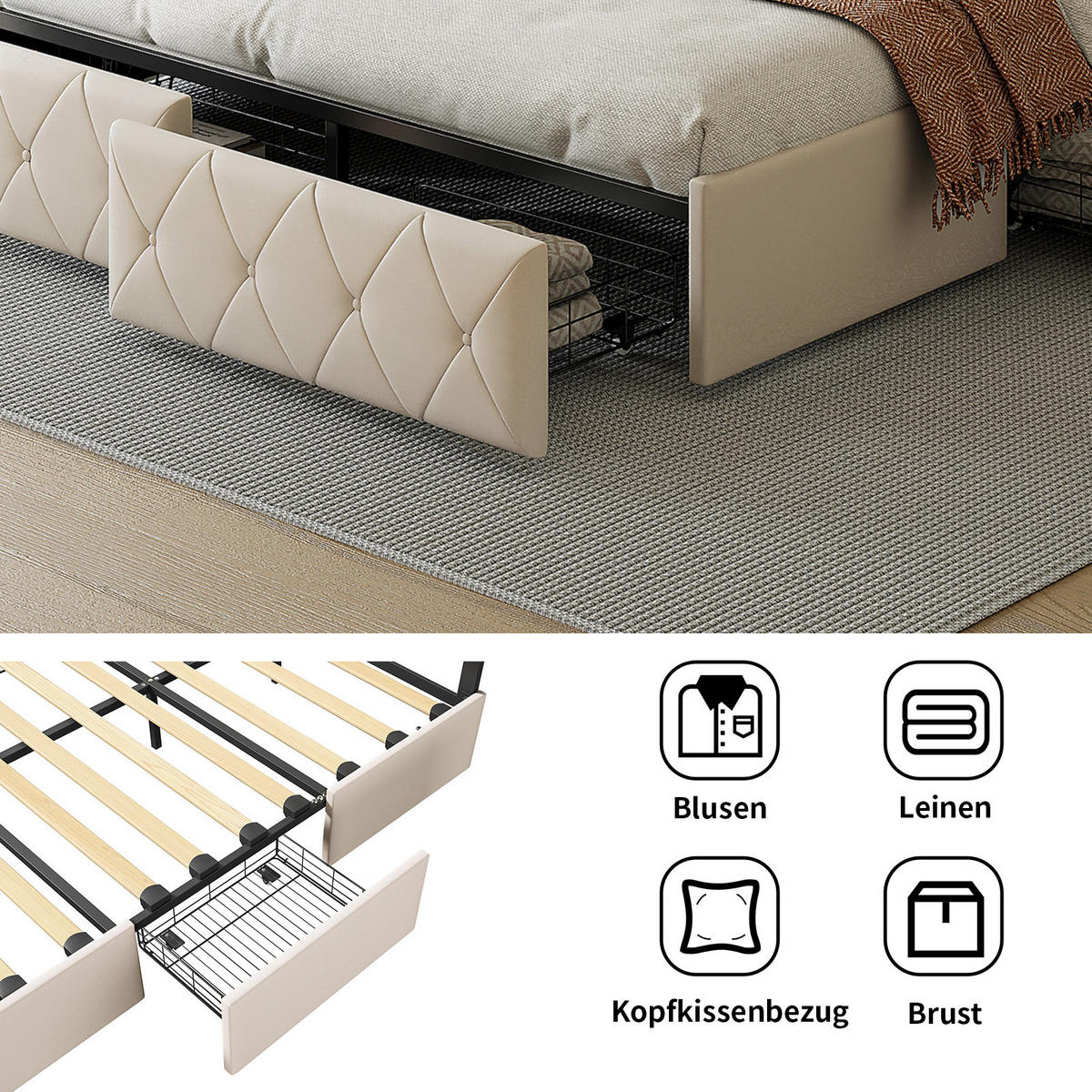 POLSTERBETT 140x200 cm LED 4 Schubladen PU Leder beige - Beige, Holz (140/200cm) - LEBENLANG