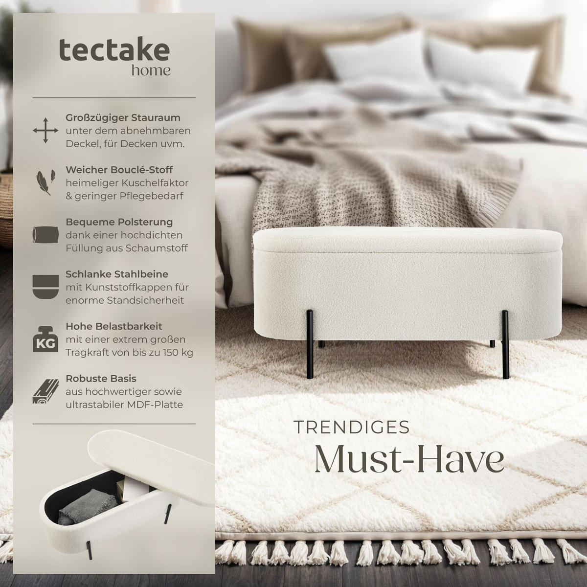 TRUHENBANK Lanja,97 x 36 x 42 cm Bouclé creme-weiß - Creme/Weiß, Holz (36/43/96cm) - tectake