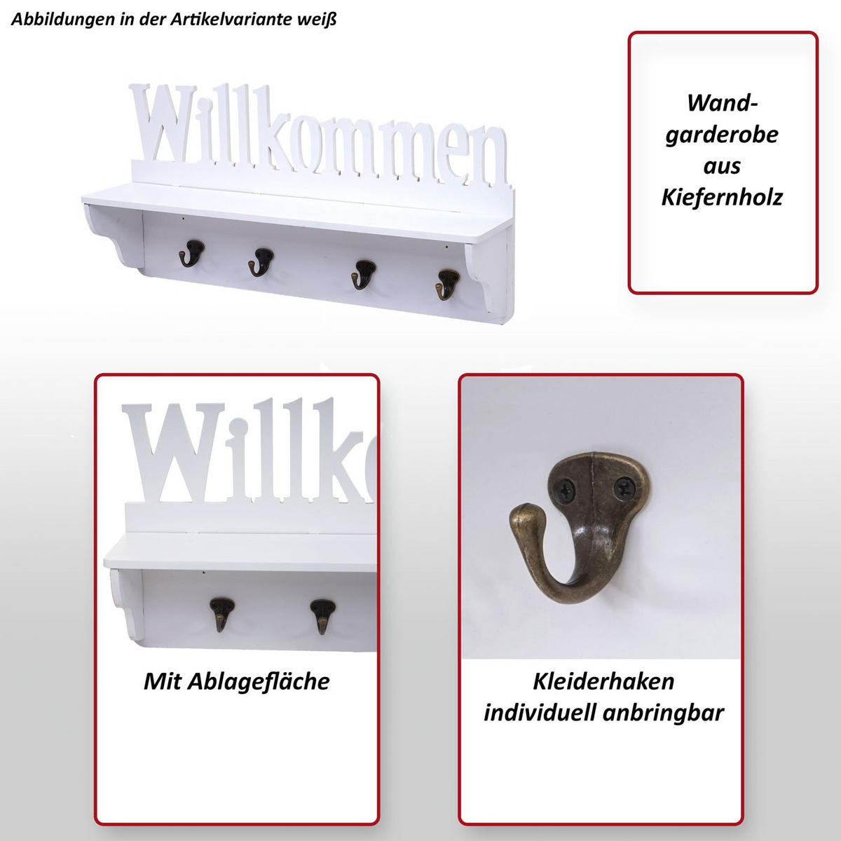 WANDGARDEROBE WILLKOMMEN 4 HAKEN Reinweiß - Weiß, Holz (60/30/13cm) - MCW