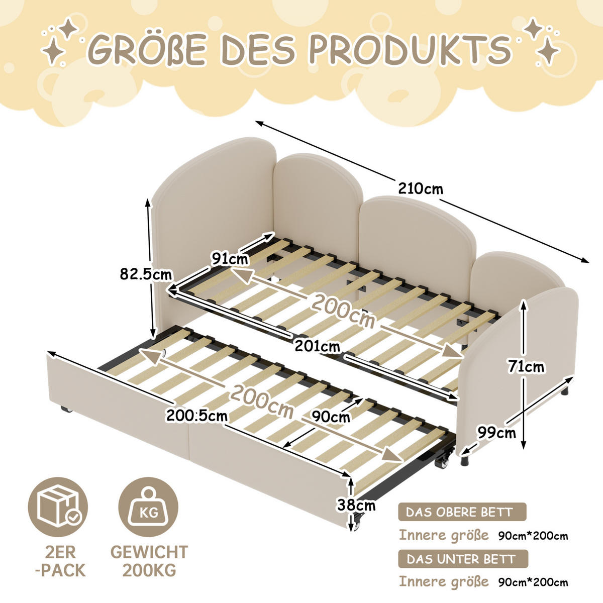 KINDERBETT 90/200 cm mit Schublade und Blumenform, Samtbezug, Beige - Beige, Textil (90/200cm) - Redom