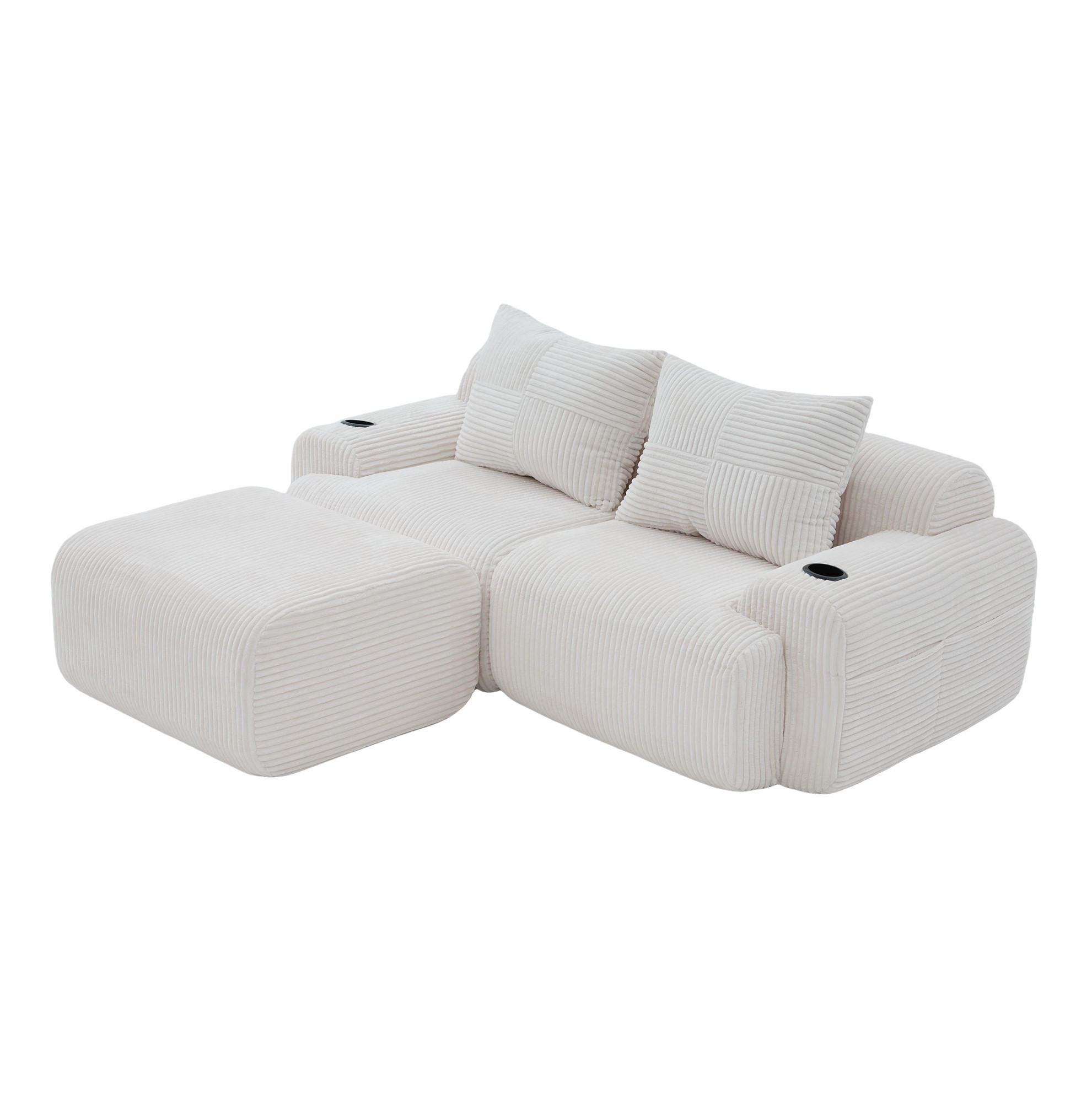 MODULARES 2-Sitzer Sofa Cord mit Getränkehalter und Seitentasche 200/174/80 cm Beige - Beige, Textil (174/200cm) - Redom