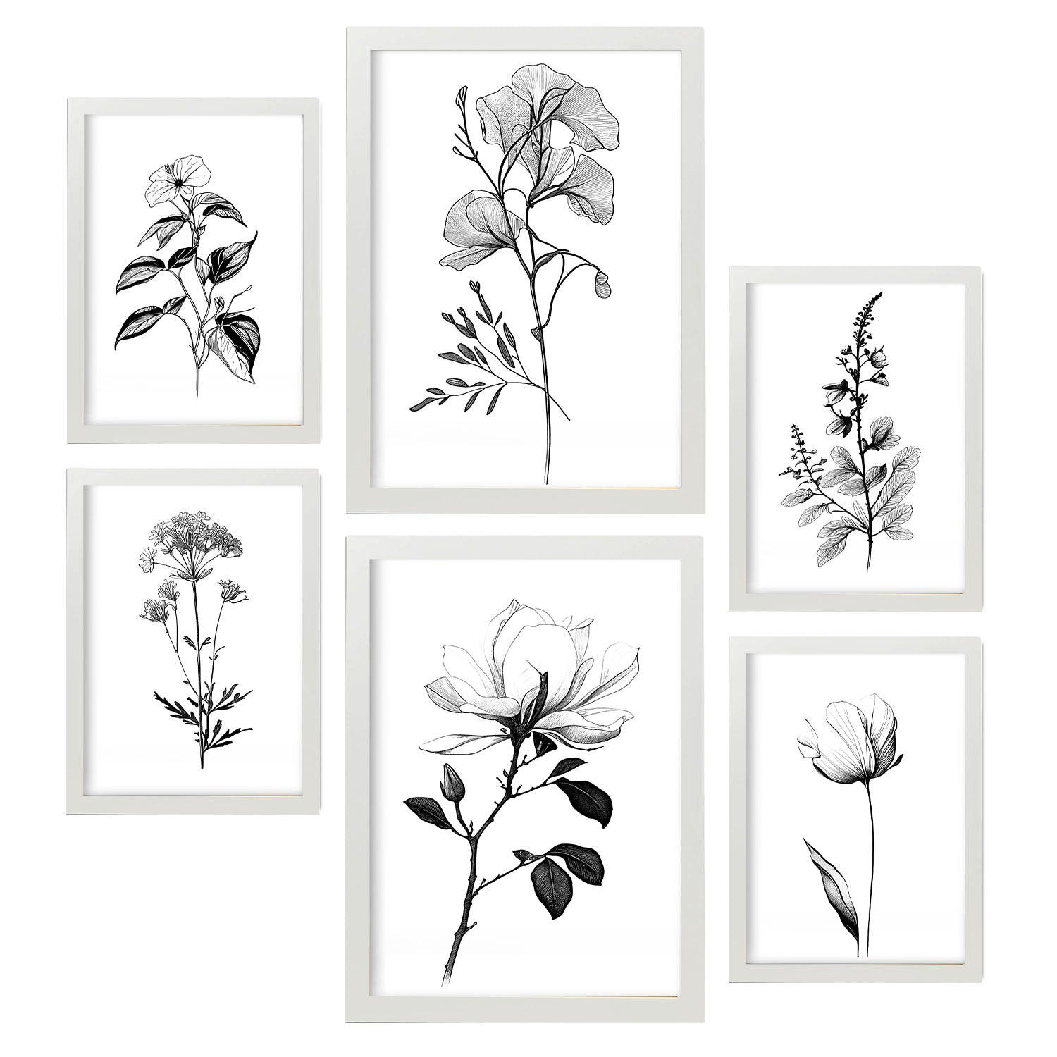 POSTER Set Mit 6 Üppige Blumen Natur Und Botanikdrucke Mit Blumenmotiven In Klassischem Schwarz Und Weiß Innenarchitektur A3 & A4 Weißer Rahmen - Weiß, Papier (29/3cm) - Nacnic