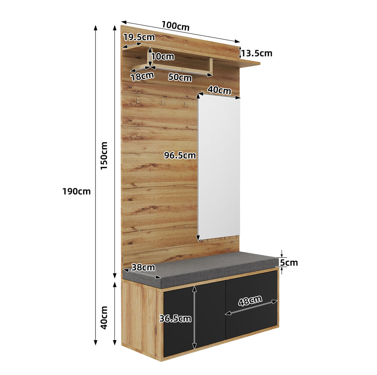 KOMPAKTGARDEROBE mit Spiegel und Schuhschrank Spanplatte Schwarz - Schwarz, Holzwerkstoff (38/190/100cm) - Beauniv