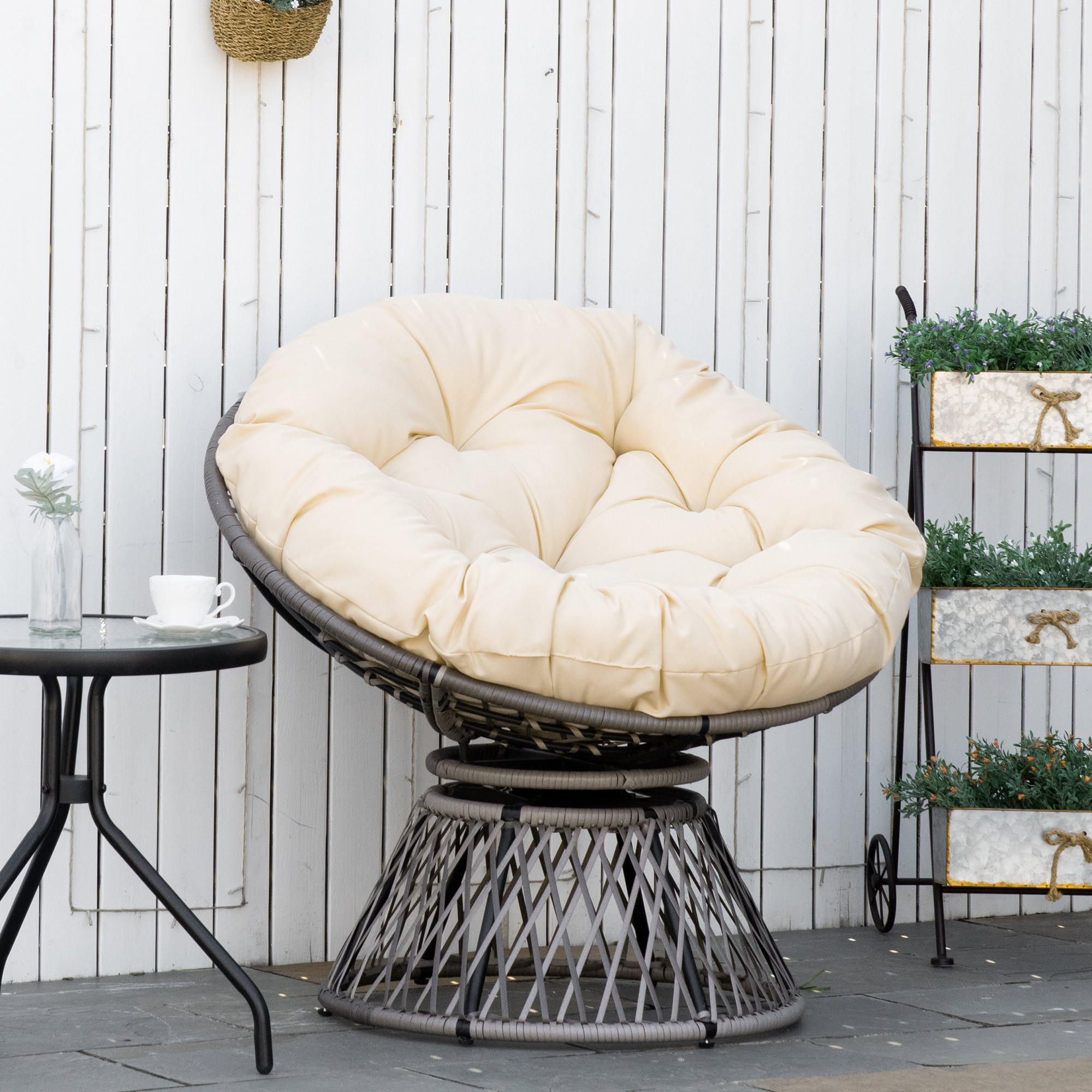 PAPASANSESSEL mit Polster 360 Grad Rattan Beige B87 x T97 x H86 cm - Beige, Kunststoff (97/90/87cm) - Outsunny