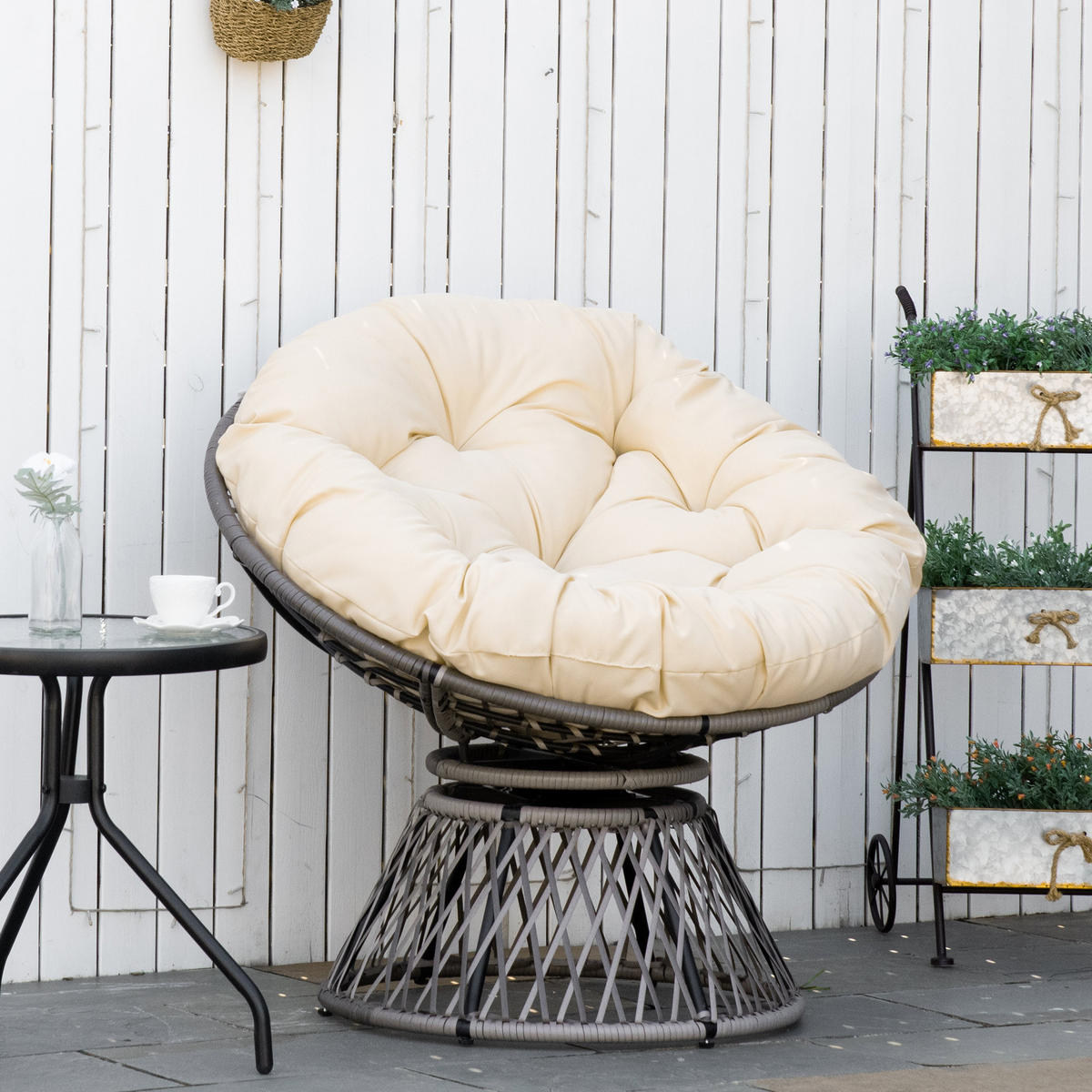 PAPASANSESSEL mit Polster 360 Grad Rattan Beige B87 x T97 x H86 cm - Beige, Kunststoff (97/90/87cm) - Outsunny