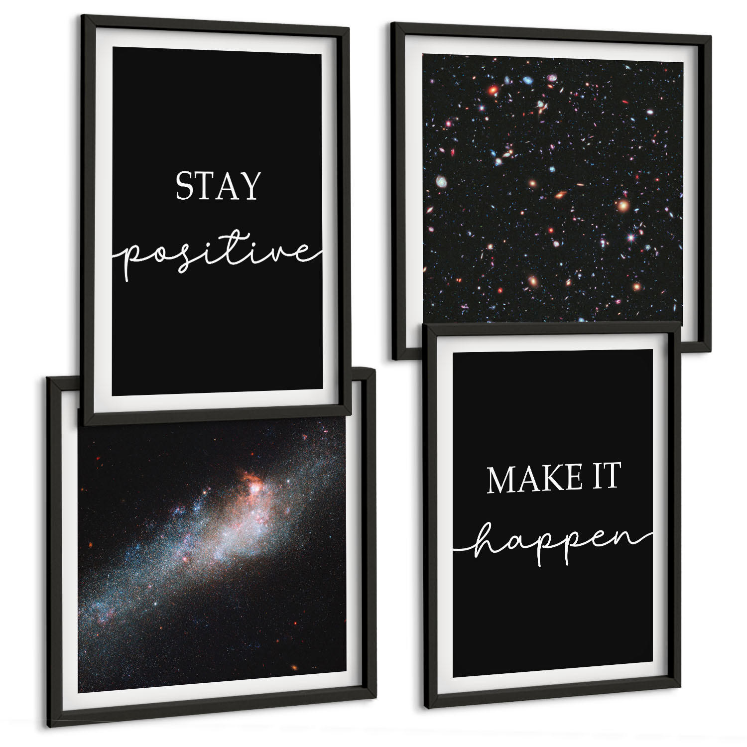 BILDER SET 4er Set - 50x50 cm & 40x60 cm Schwarzer Rahmen - Motivationsslogans Sterne Weltraum - Schwarz, Kunststoff (50/50cm) - TULUP