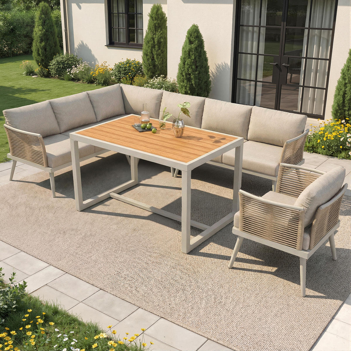 GARTENSETS aus Eisen Beige mit Couchtisch & 9 cm Polstern - Beige, Metall - Modfu