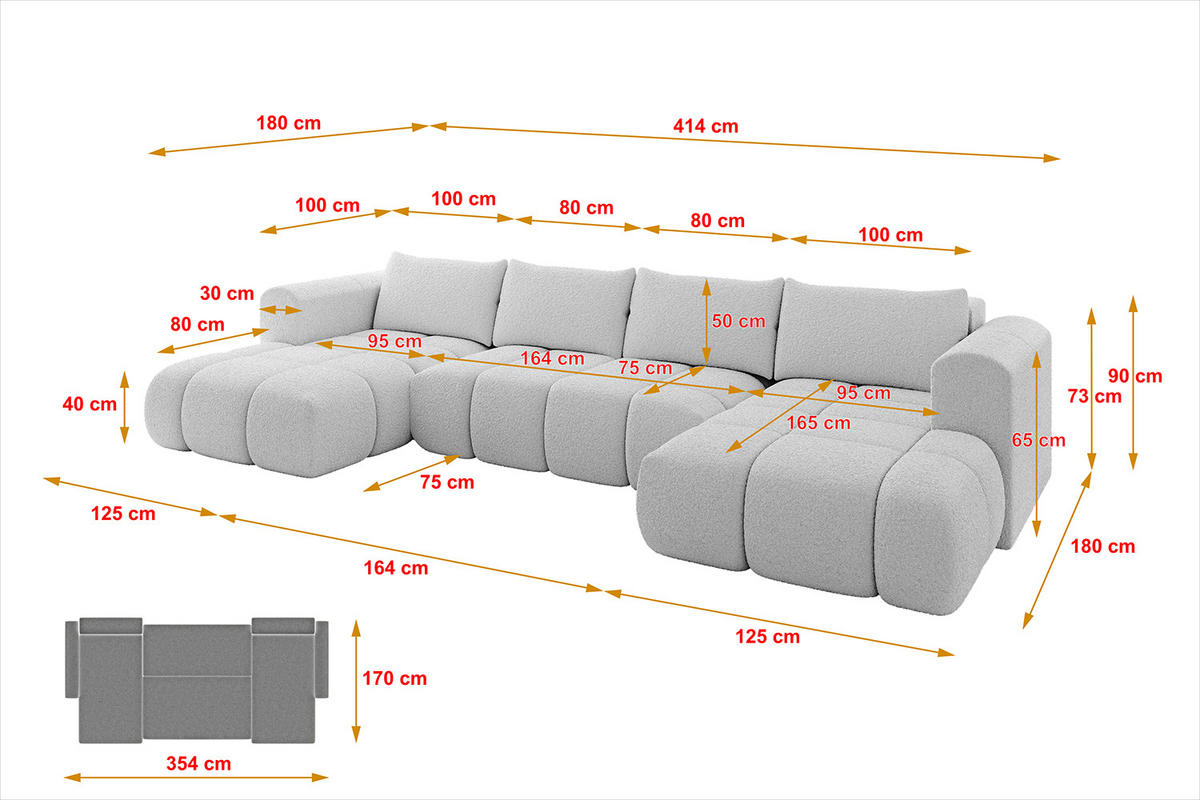 WOHNLANDSCHAFT Ottomane Links CLOUD-U 414x180x40 Hellgrau Bouclé - Hellgrau, Holzwerkstoff/Kunststoff (414/90/180cm) - ALTDECOR