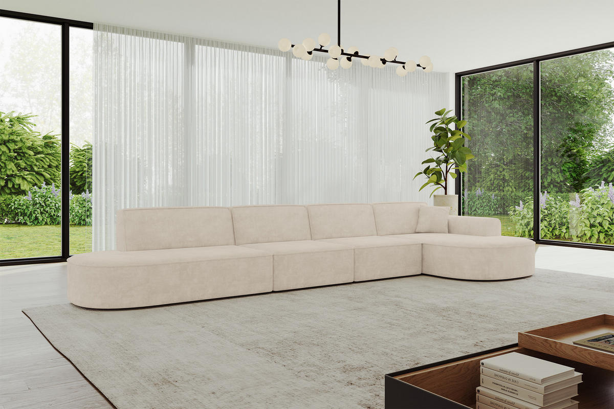 ECKSOFA Ottomane Rechts MARI-L3 - 413x171x79 cm Beige Velours - Beige/Schwarz, Holzwerkstoff/Kunststoff (171/413cm) - ALTDECOR
