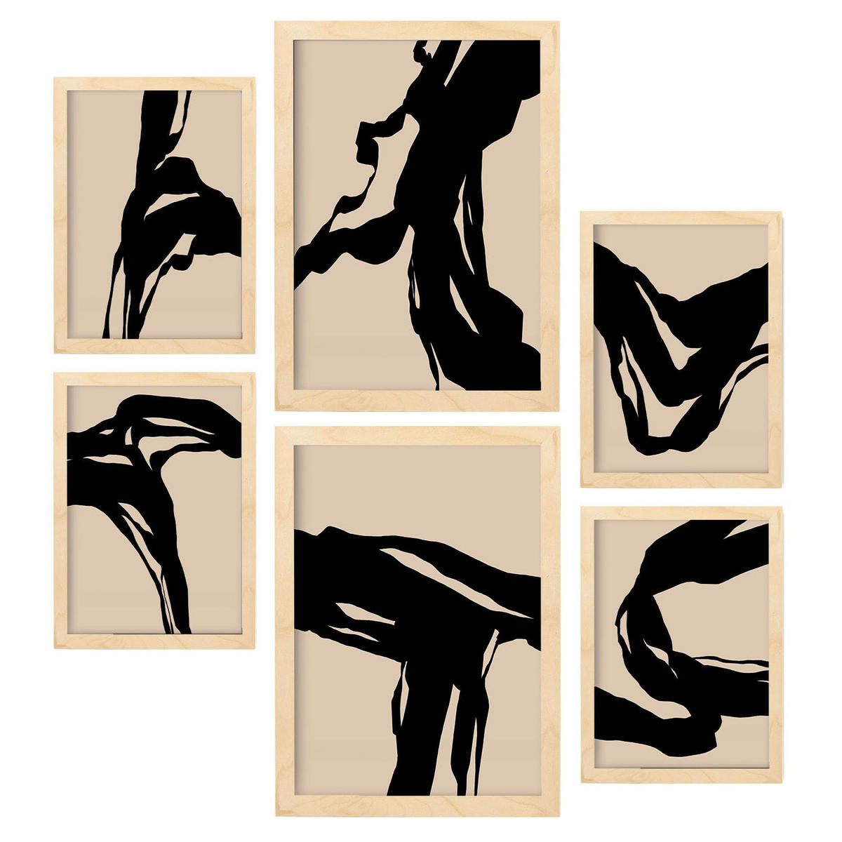 POSTER Set Mit 6 Zusammenfassungen In Form Ästhetische Dekorative Gemälde Für Ihr Wohnzimmer, Schlafzimmer Oder Zuhause A3 & A4 Rahmen Aus Hellem Holz - Beige, Papier (29/3cm) - Nacnic
