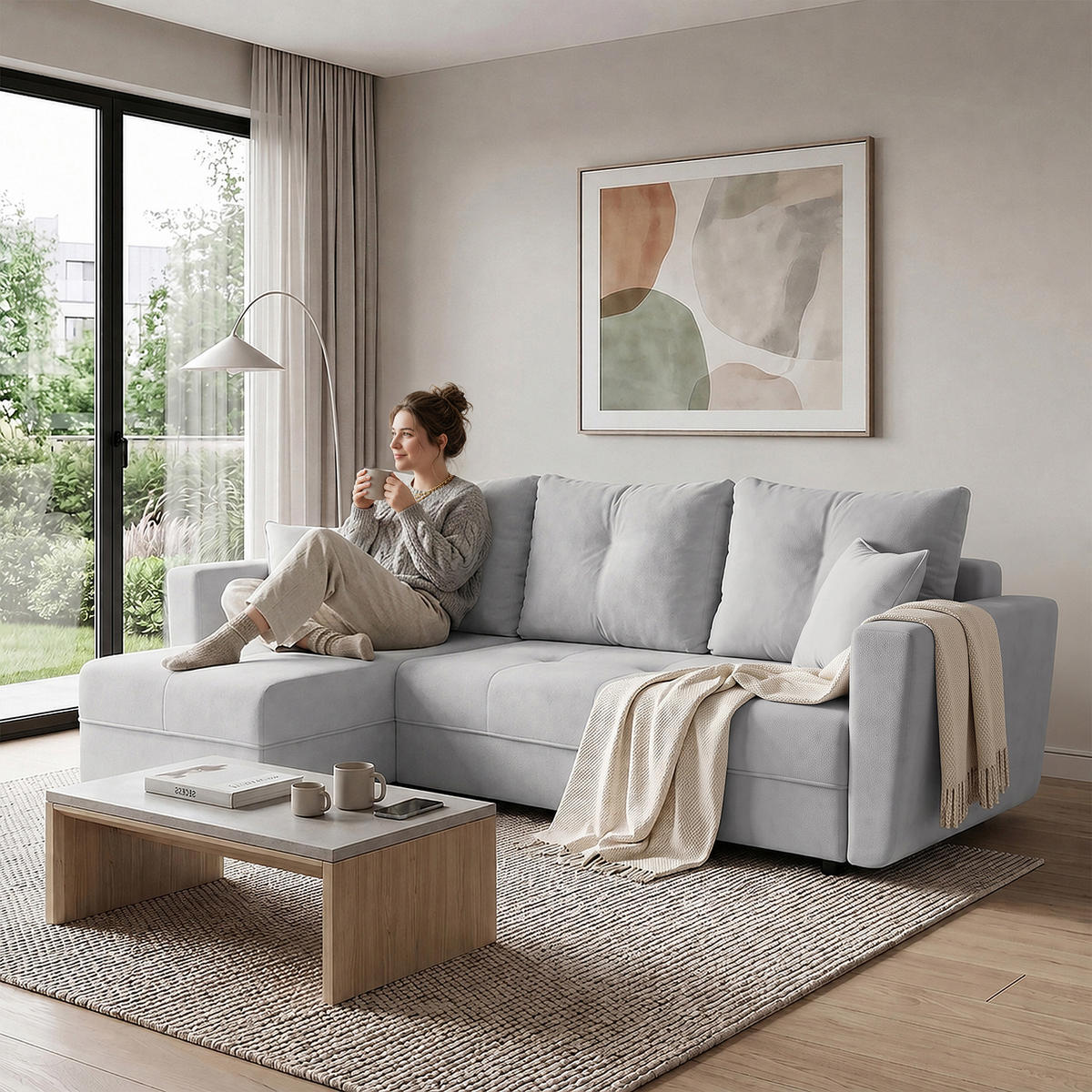 ECKSCHLAFSOFA Verona mit Bettkasten und universeller Ottomane 240 cm, Grau - Grau, Textil (240/148cm) - Beautysofa