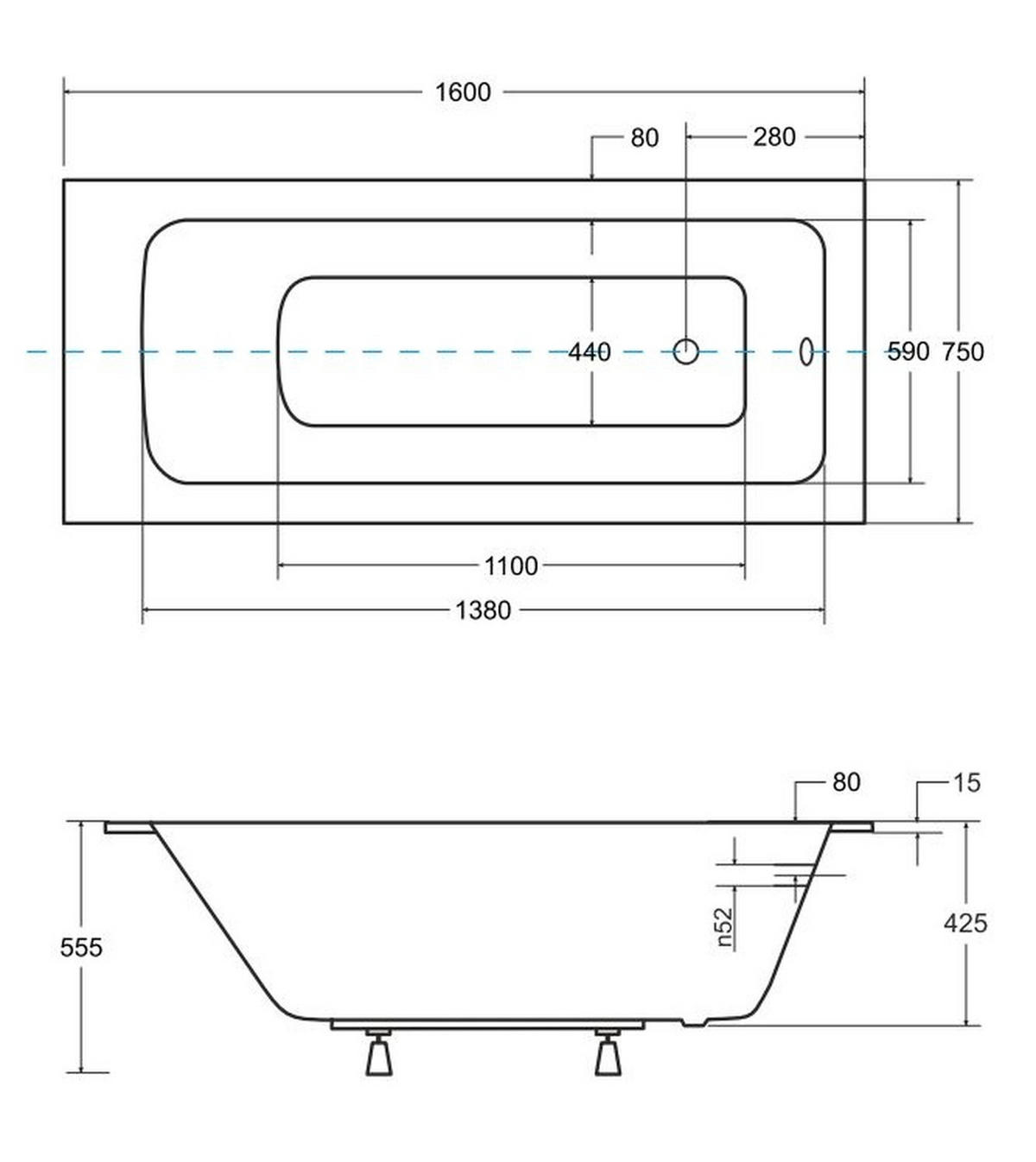 BADEWANNE Rechteck TALIA SLIM 160/75 mit Styro Ablauf Füße - Weiß, Kunststoff (75/55.5/160cm) - bad land