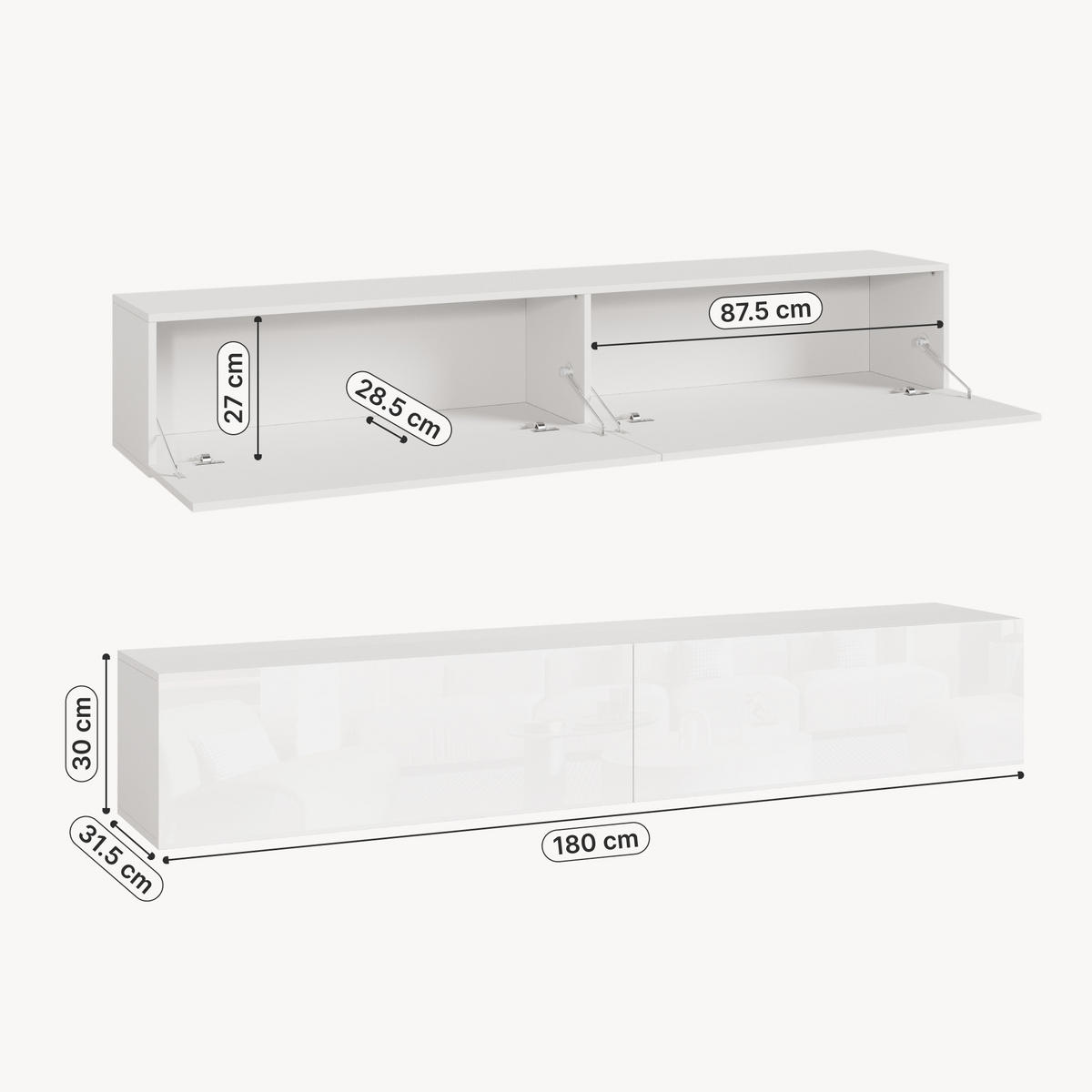 HÄNGELOWBOARD Evaton - Weiß Hochglanz, Holzwerkstoff (180/30/31.5cm) - [en.casa]