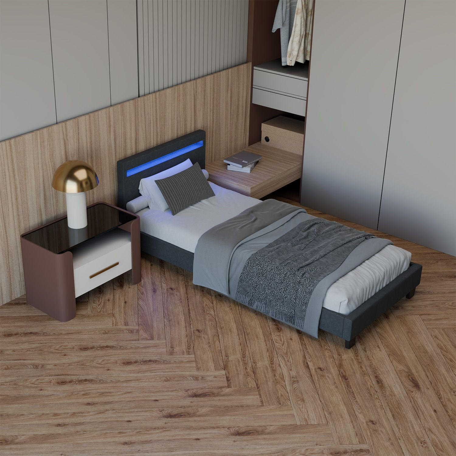 POLSTERBETT Verona mit LED dunkelgrau 90x200cm - Dunkelgrau, Holz (90/200cm) - Juskys