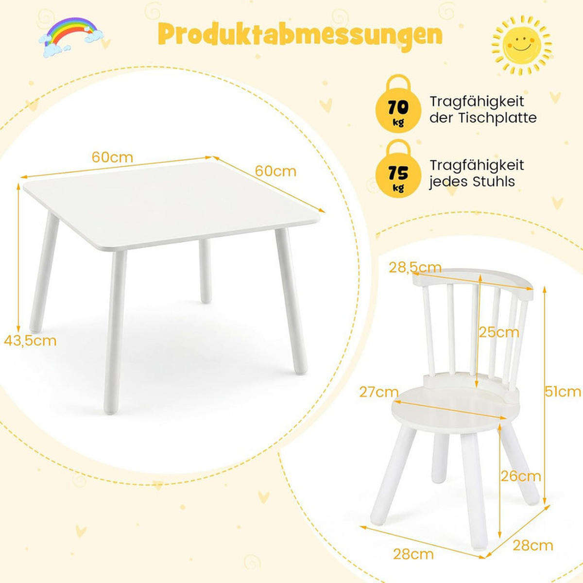 KINDERTISCH mit 2 Stühlen weiß(3-tlg) - Weiß, Holzwerkstoff (60/43.5/60cm) - COSTWAY