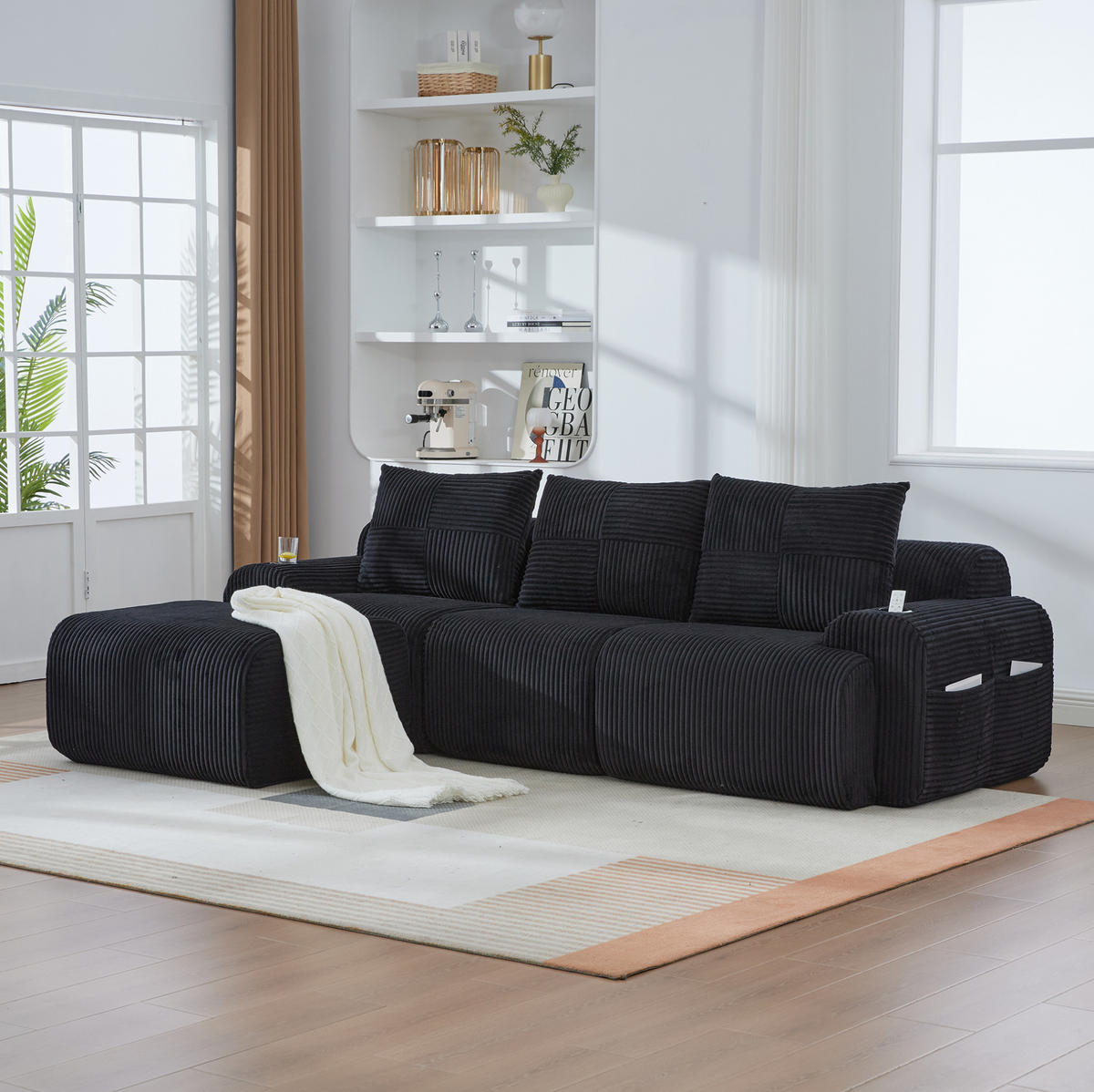 SOFA modular 268 x 174 cm Cord Schwarz mit Cupholder - Schwarz, Kunststoff (174/268cm) - Meubliv