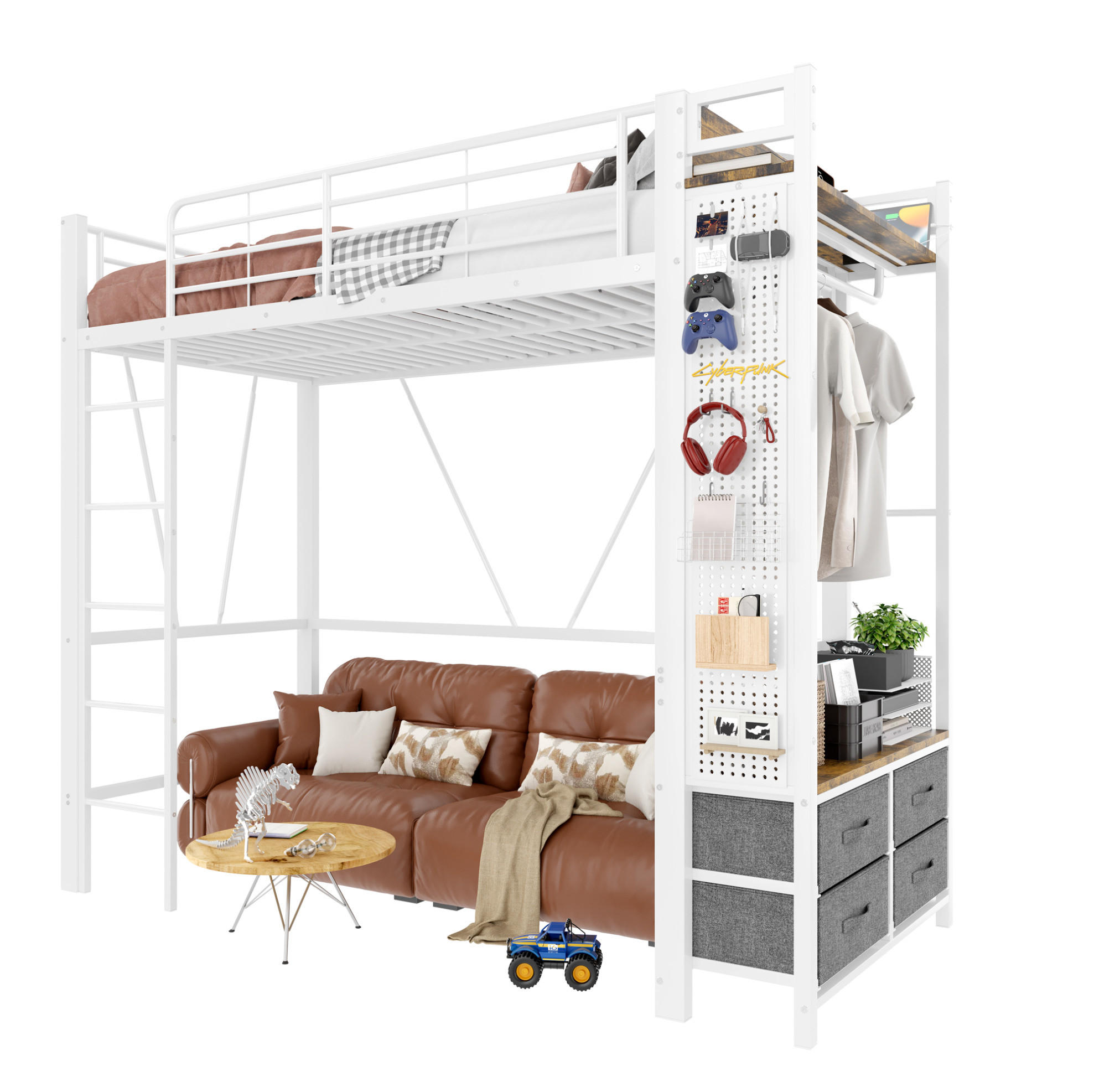HOCHBETT 90/200 cm in Weiß mit LED-Beleuchtung, Stauraum und USB- und Type-C-Anschlüssen - Weiß, Metall (90/200cm) - Flora Grace