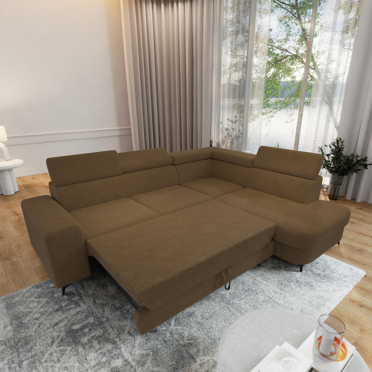 ECKSOFA ALVORO R-S Orange Boucle-Stoff mit Schlaffunktion - Orange, Holz (253/190cm) - MASSENO