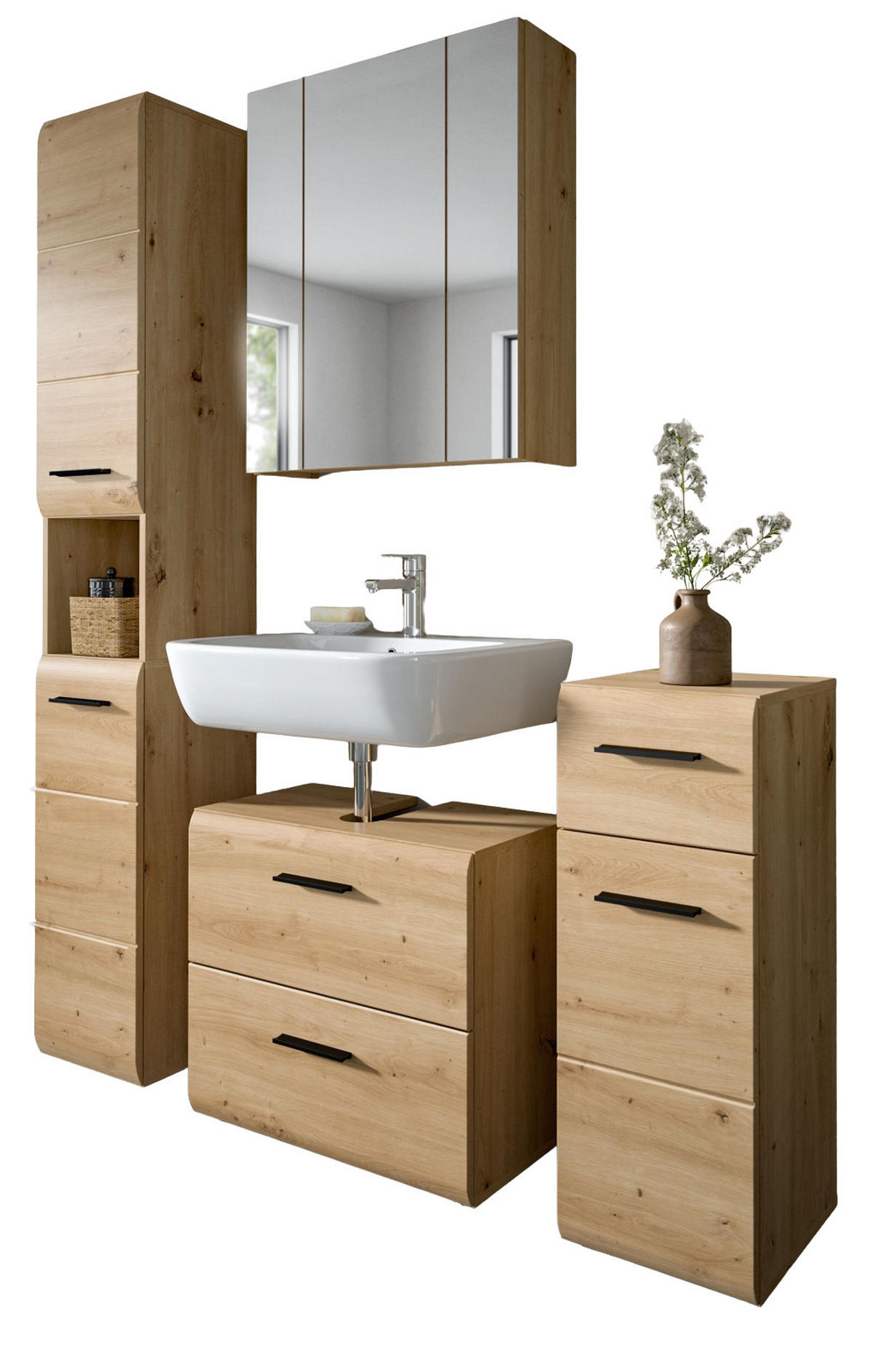 BADMÖBEL-SET 4-teilig in Artisan Eiche, 150 x 185 cm Badkombination, Cover - Schwarz/Eiche Artisan, Glas/Holzwerkstoff (150/185/30cm) - Inn.Furn