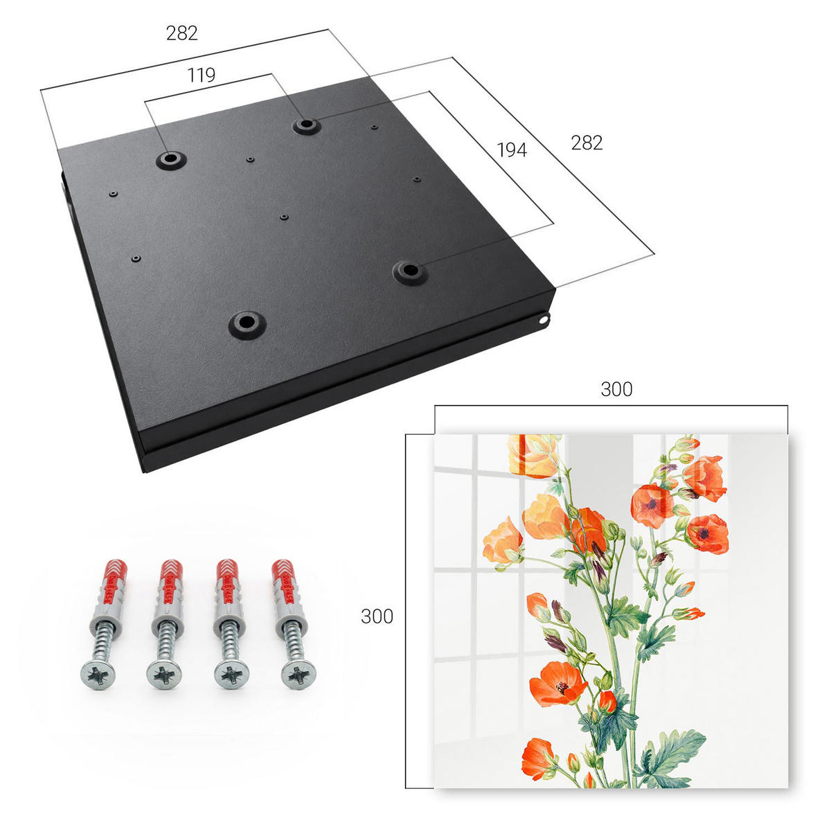 SCHLÜSSELBOX Schwarz 30x30 cm- Türöffnung nach rechts - Orangefarbene Mohnblumen - Weiß, Metall (30/30/5cm) - TULUP
