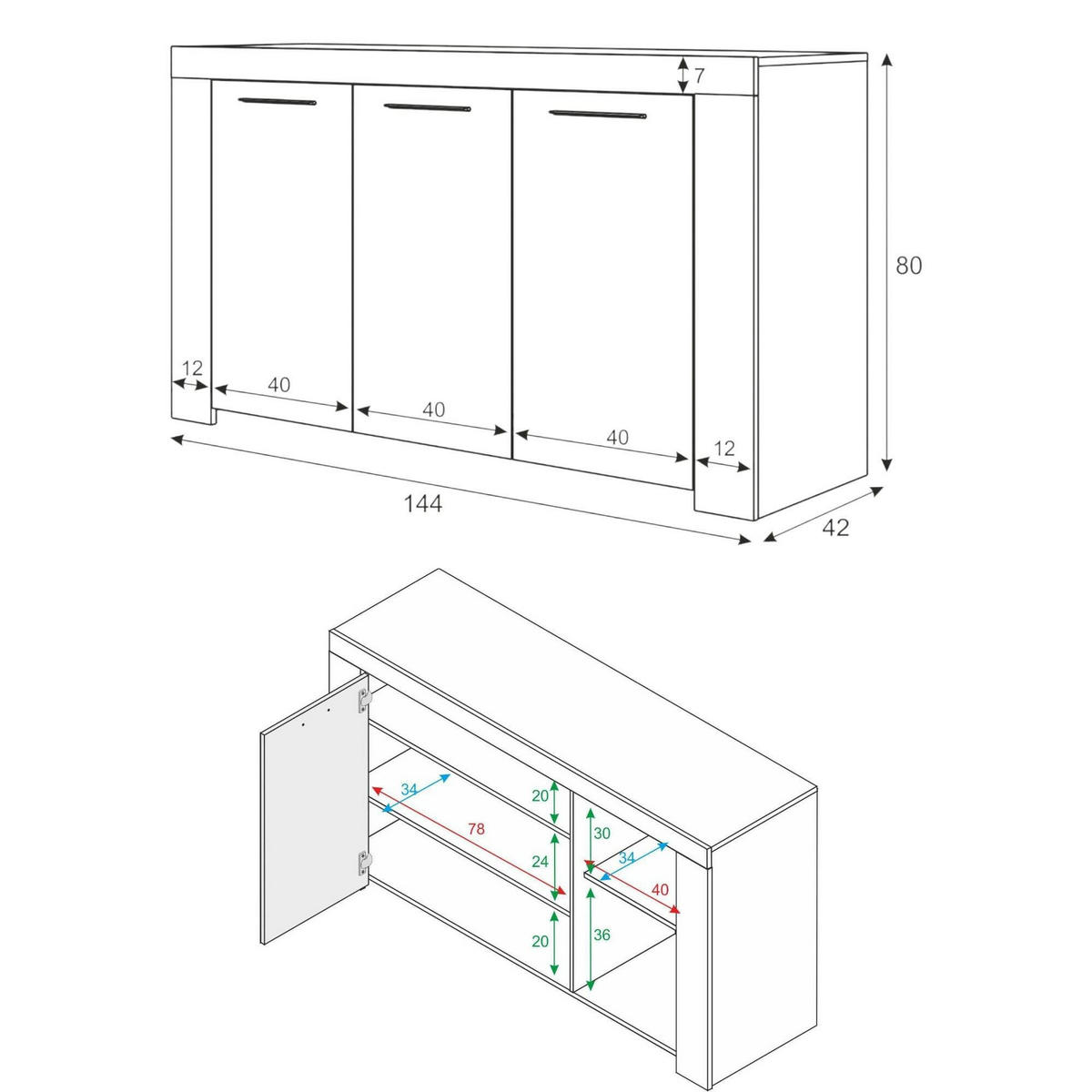 SIDEBOARD Holz-Effekt Weiß 42x144h80 - Weiß, Holzwerkstoff (144/80/42cm) - DMORA