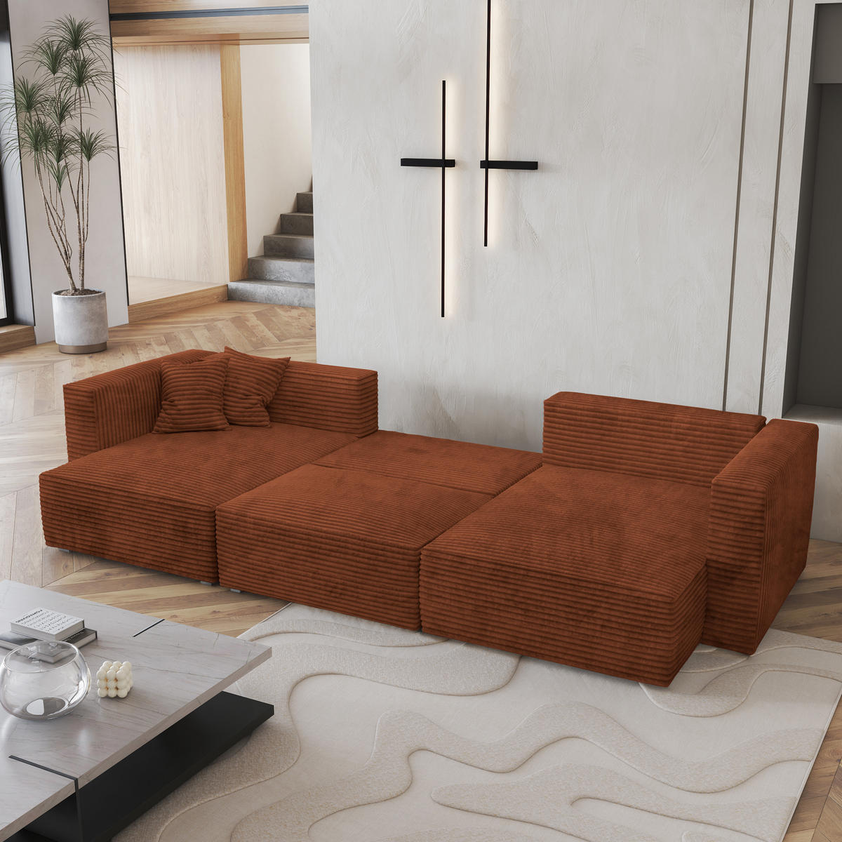 WOHNLANDSCHAFT SARMO Braun Kordstoff mit Schlaffunktion - Braun, Holz (347/90/148cm) - MASSENO