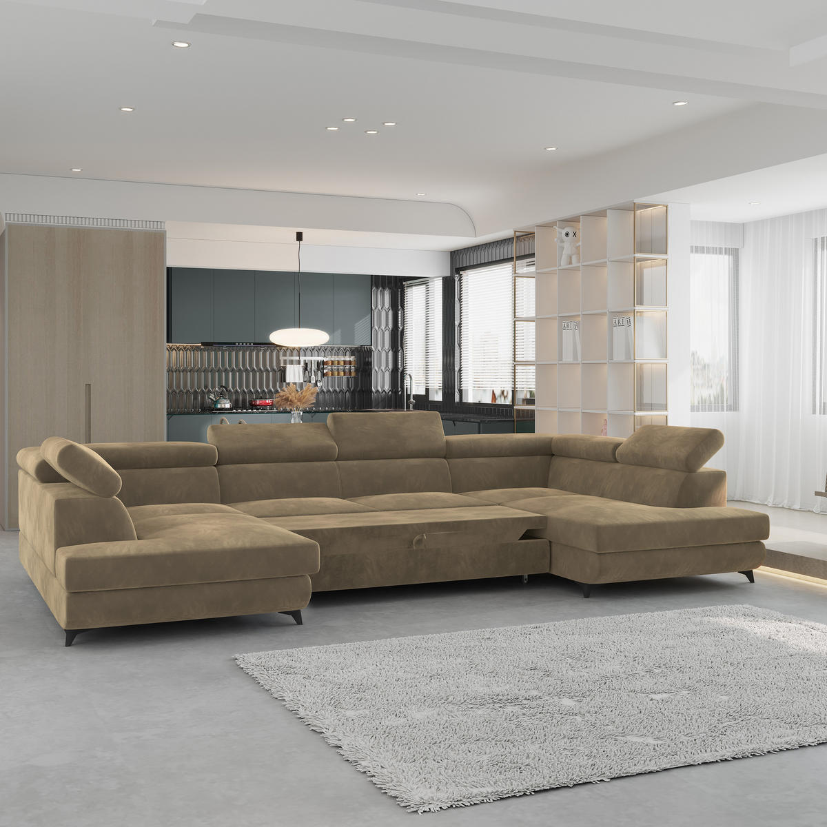 WOHNLANDSCHAFT VINTESSA Beige Velours-Stoff mit Schlaffunktion - Beige, Holz (323/89/190cm) - MASSENO