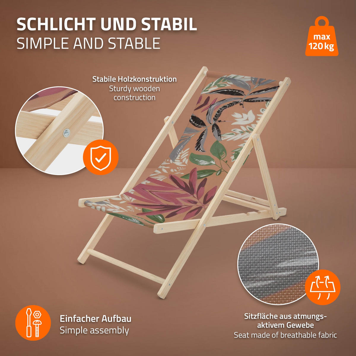 LIEGESTUHL 2er Set Floral Braun-Rot-Grün - Braun, Holz (57.5/83/100cm) - ECD-Germany