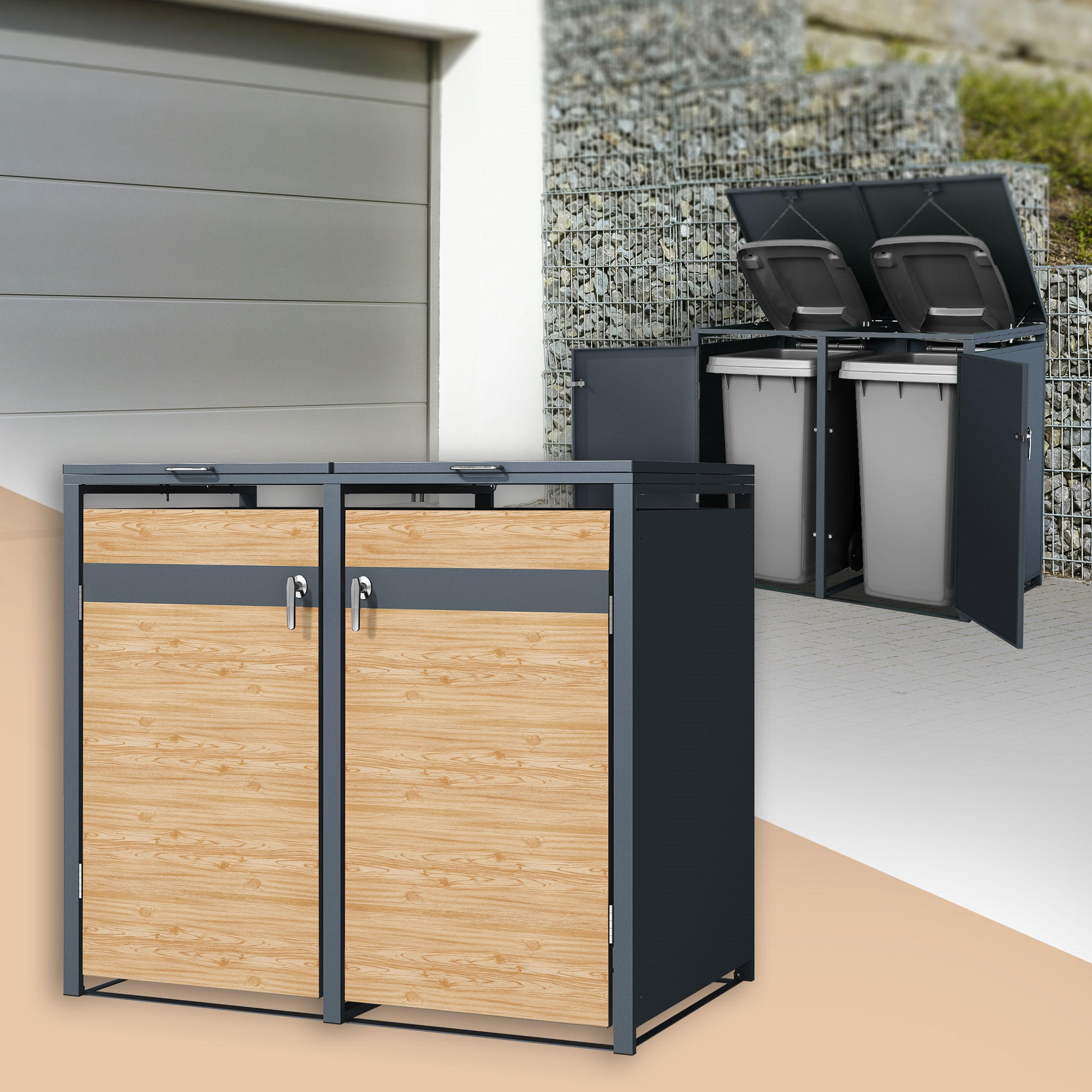 MÜLLTONNENBOX 2er Anthrazit-Lärchenoptik - Naturfarben, Metall (132/116.3/80cm) - ML-DESIGN