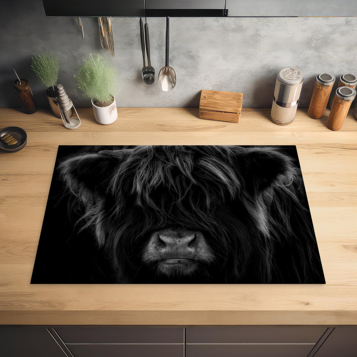 HERDABDECKPLATTE Schottischer Highlander - Kuh - Schwarz - Weiß - Tiere Induktionsmatte 77x51 cm - Schwarz, Kunststoff (77/51/0.2cm) - MuchoWow