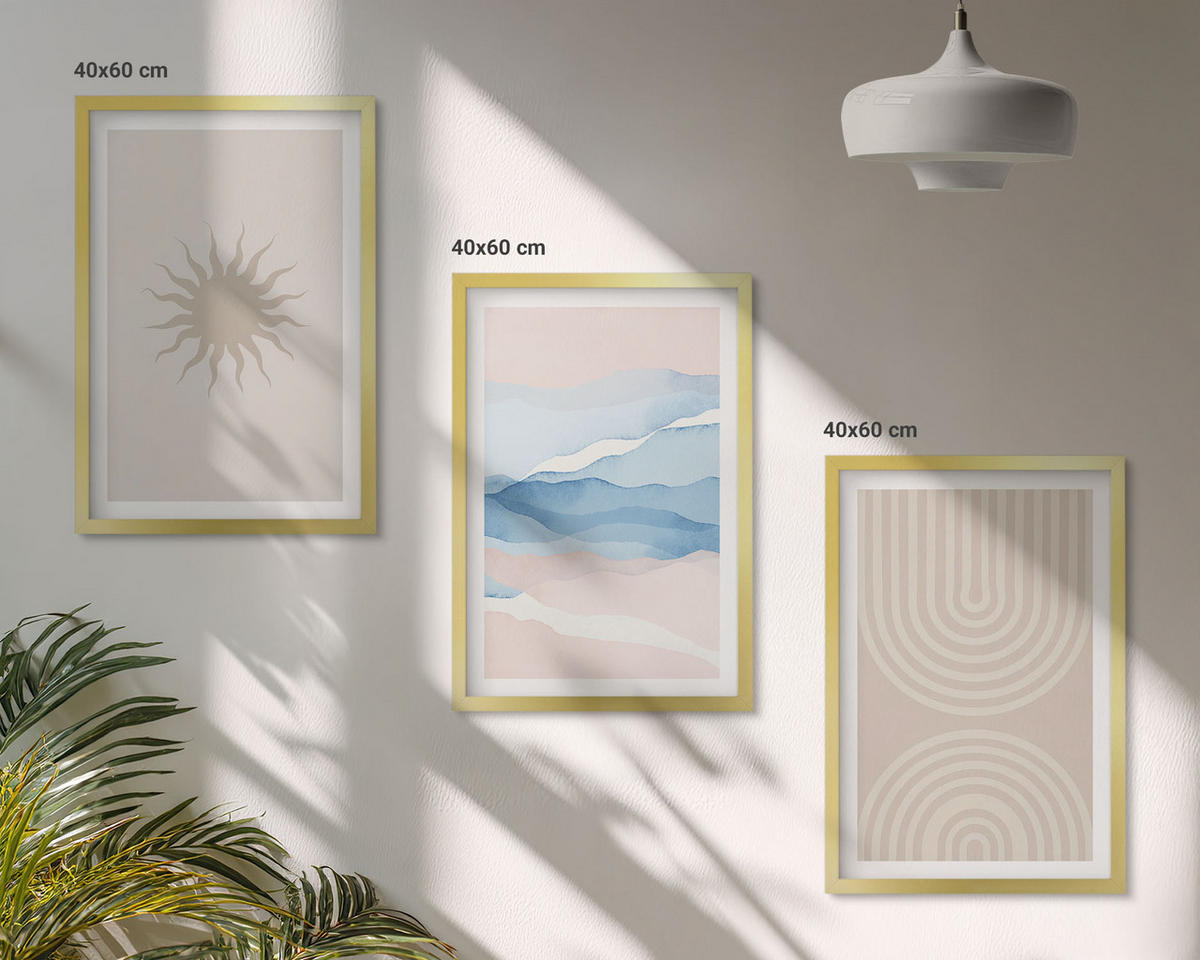 WANDBILDER 3er Set - 40x60 cm Goldrahmen - Sonnenwellen abstrakte Linien Pastell - Goldfarben, Kunststoff (40/60cm) - ArtPrintCave