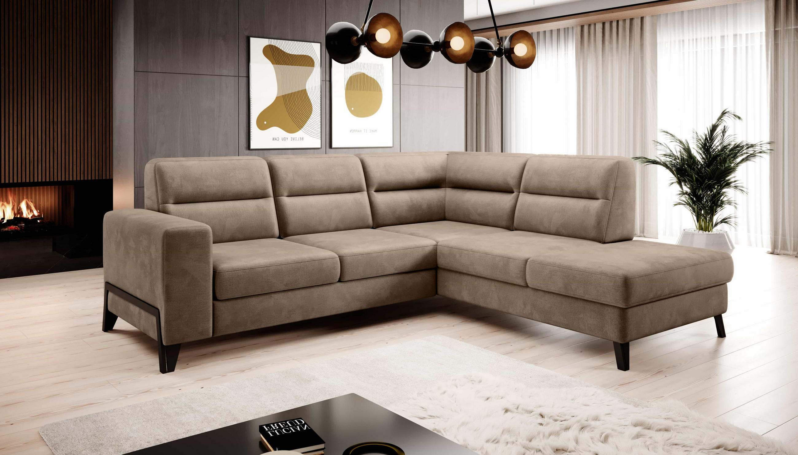 ECKSOFA mit Schlaffunktion & Bettkasten, luxus Nube-Stoff - Hellbraun/Schwarz, Textil/Metall (237/277cm) - Eltap