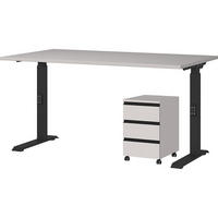 BÜROMÖBEL Set 2-teilig | Schreibtisch 140x80cm & Rollcontainer Greige/Schwarz | Einstellbar 68-91 cm & Soft-Close - Beige, Holzwerkstoff/Metall (80/195/91cm) - KADIMA DESIGN
