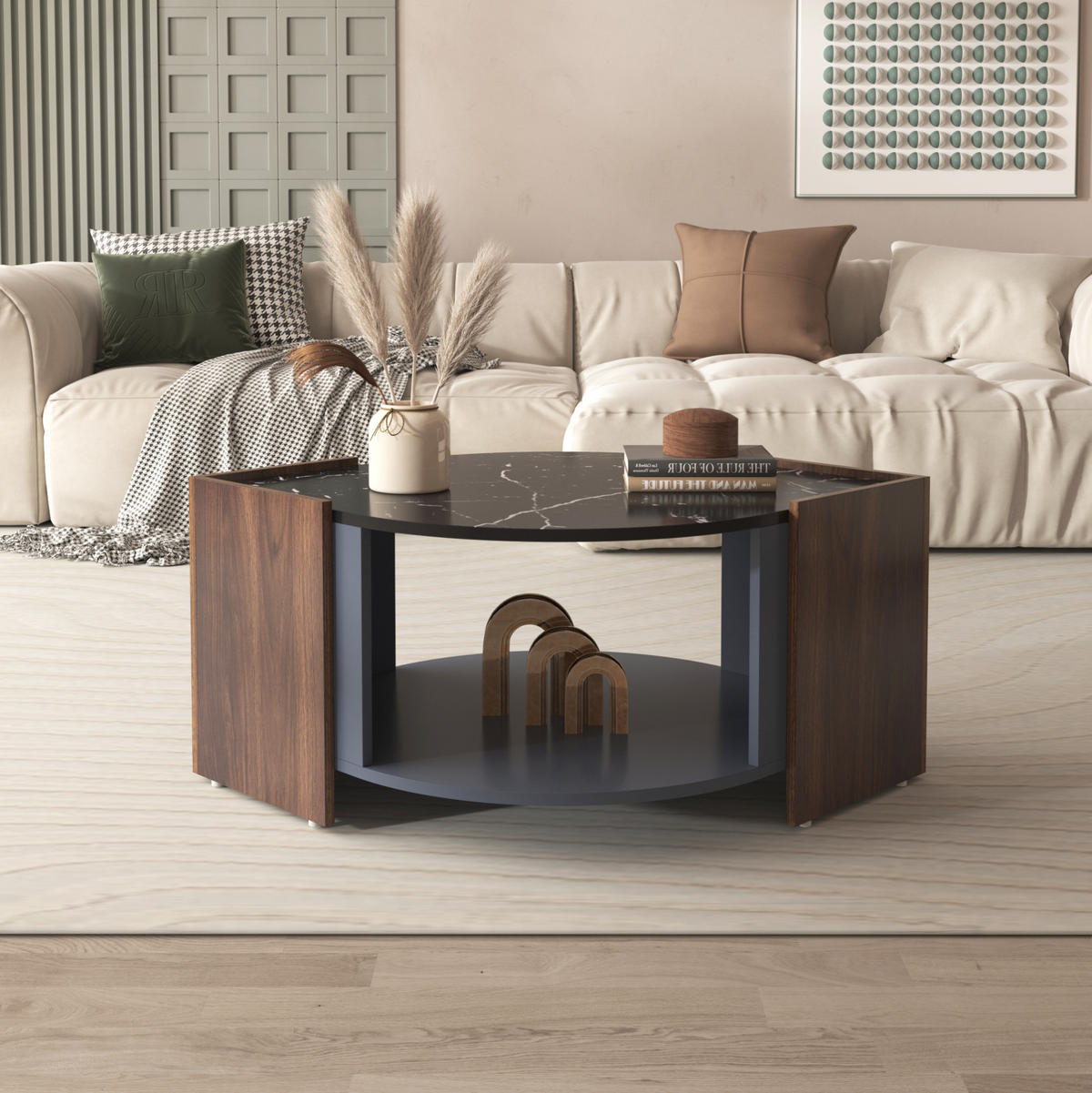 COUCHTISCH 96,5/63 cm mit Ablagefach in Marmoroptik und Walnussdekor - Schwarz, Holzwerkstoff (96.5/63/40cm) - BEAOK