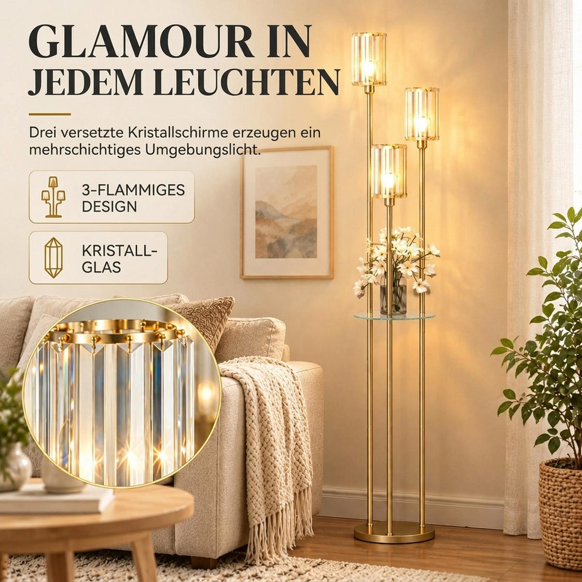 STEHLAMPE Stahl Glas Goldfarben - Goldfarben, Metall (32/32/177cm) - HOMCOM