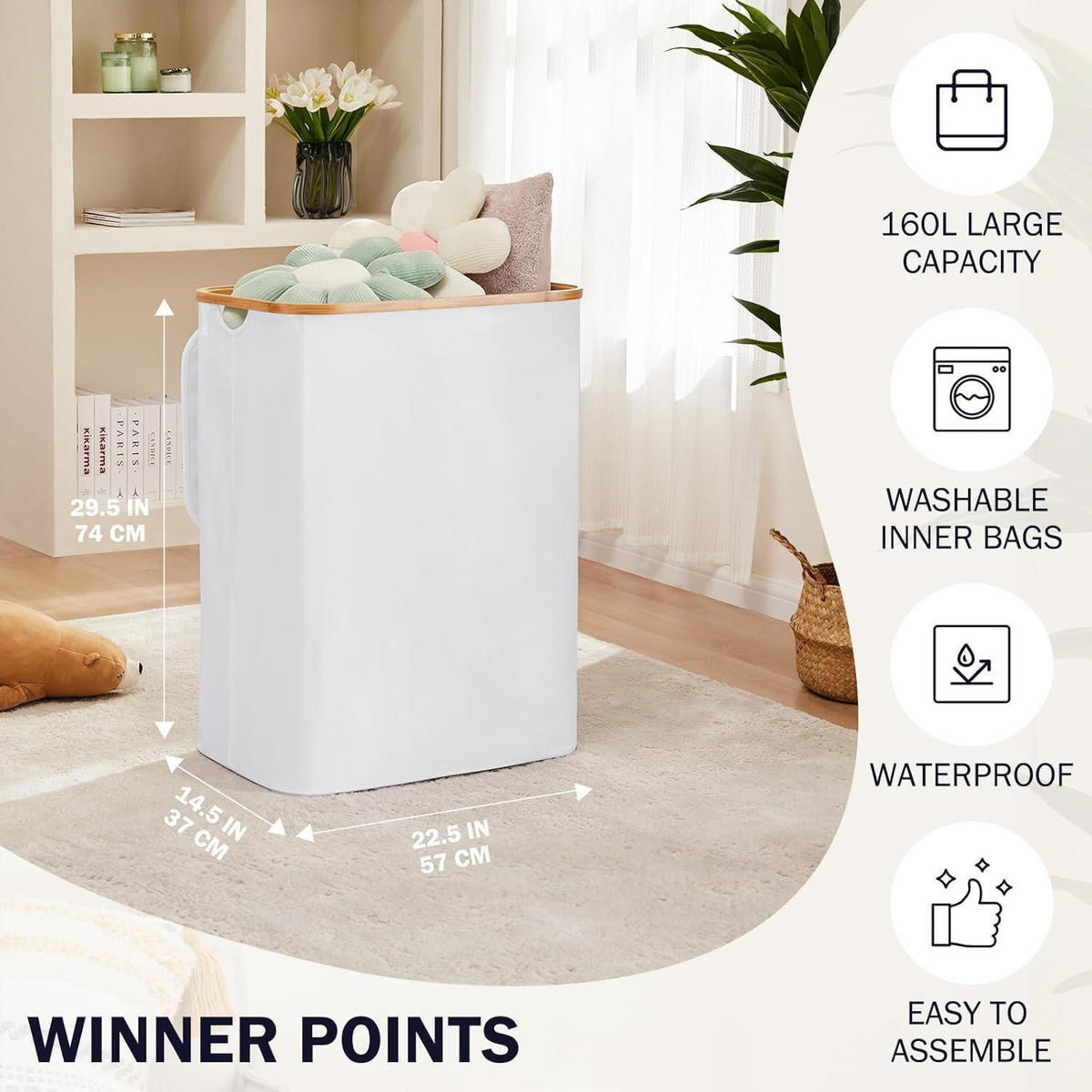 WÄSCHEKORB mit Deckel 3 Fächer 160L Weiß - Weiß, Naturmaterialien (37/74/57cm)