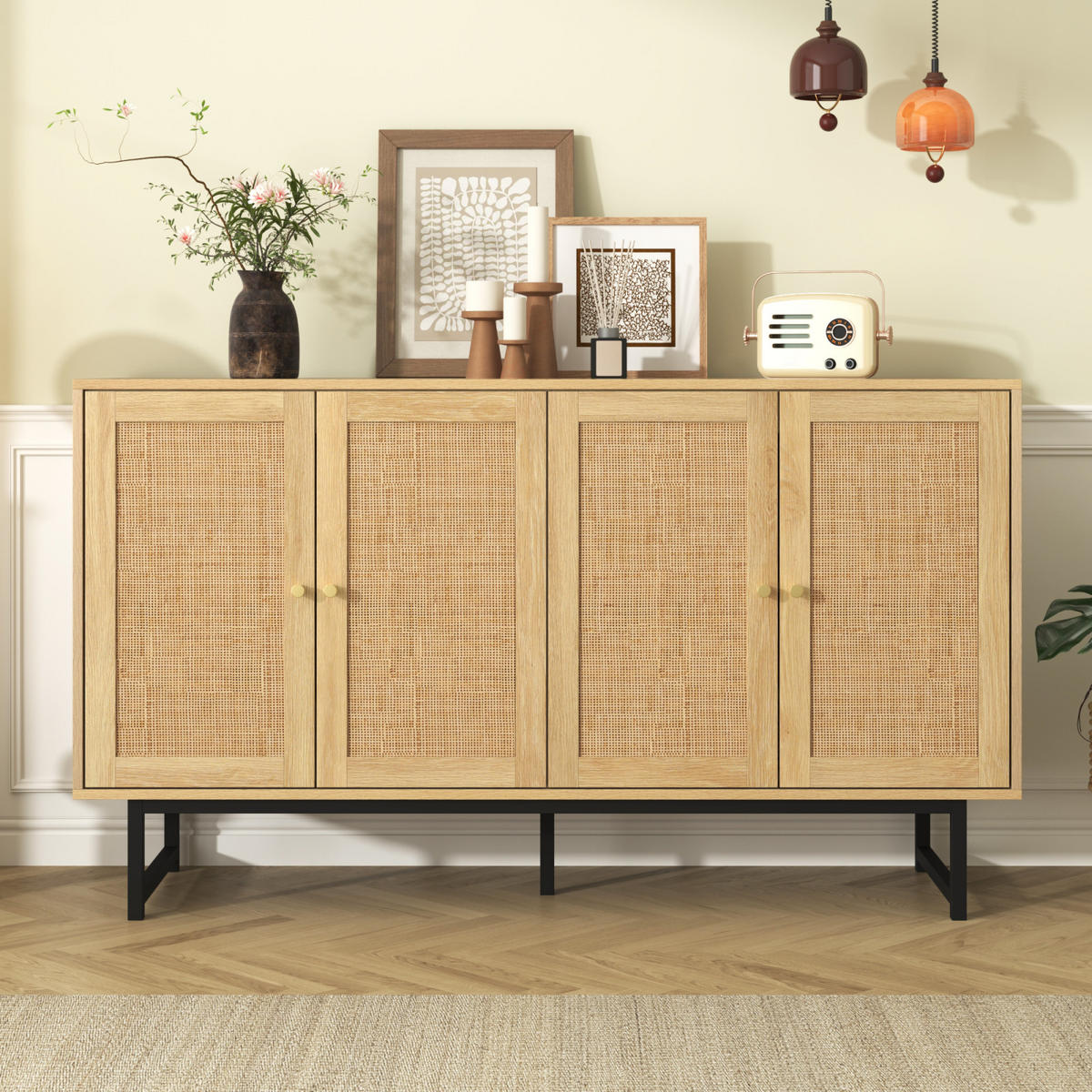 SIDEBOARD 140x39x80 cm Echtes Rattangeflecht, 4 Türen, Metallbeine, Aufbewahrung - Naturfarben, Holz (140/80/40cm) - PARAFTA HOME