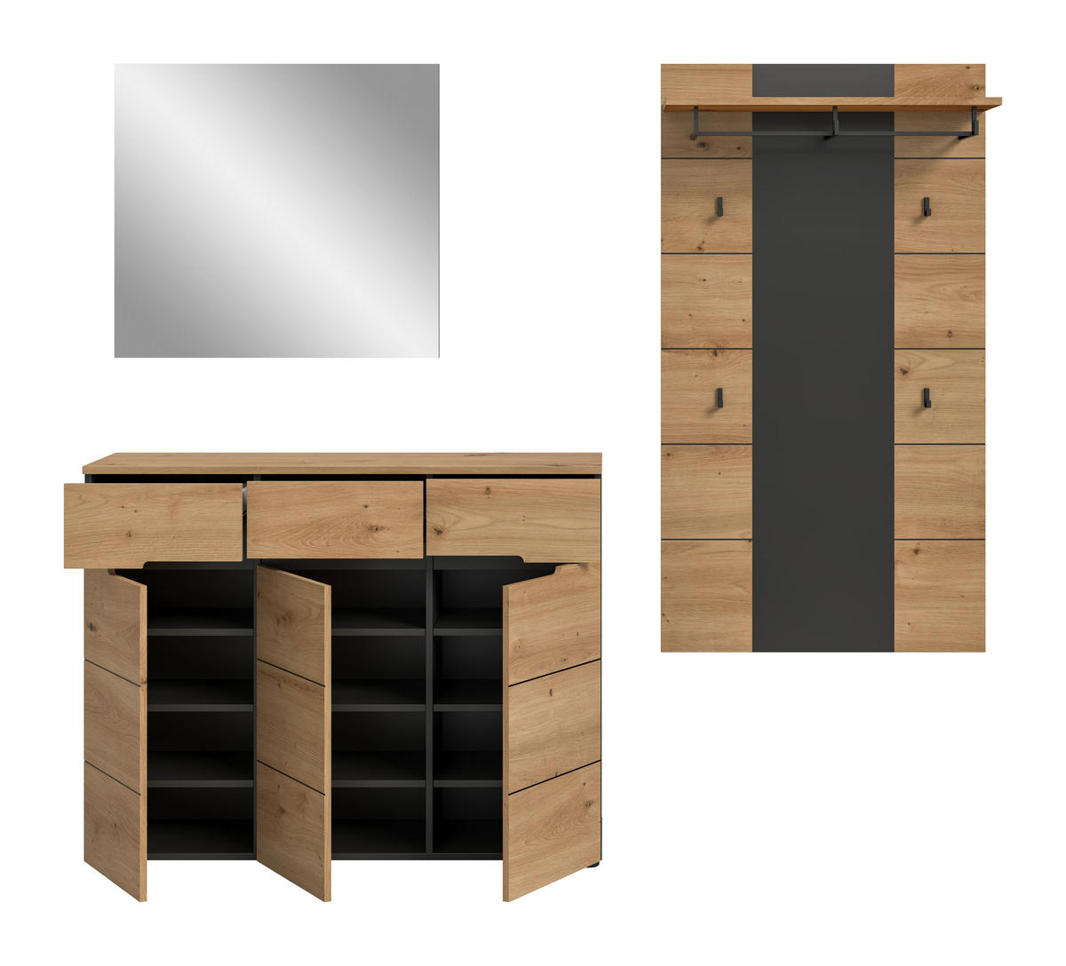 GARDEROBEN-SET CANU 3-tlg. (B/H/T: ca. 215/190/37 cm) in Basalt grau/Artisan Nachbildung - Grau, Holzwerkstoff (215/190/37cm)