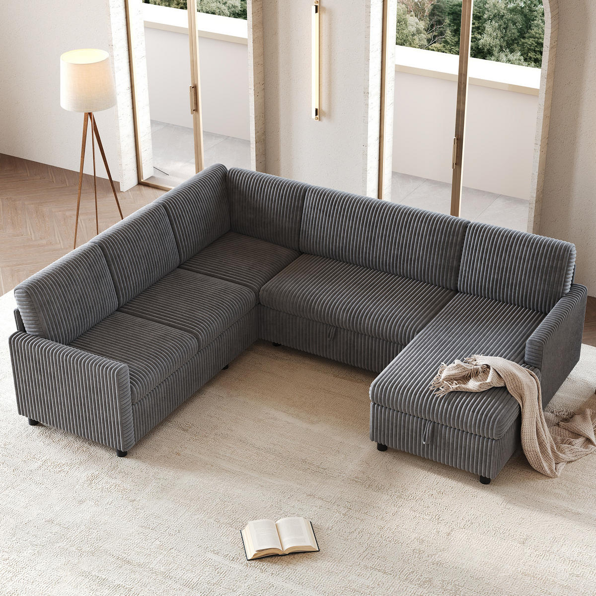 SOFA U Oblik na Razvlačenje Cord 220x274x85 cm Siva - siva, tekstil (274/85/220cm) - FLIEKS