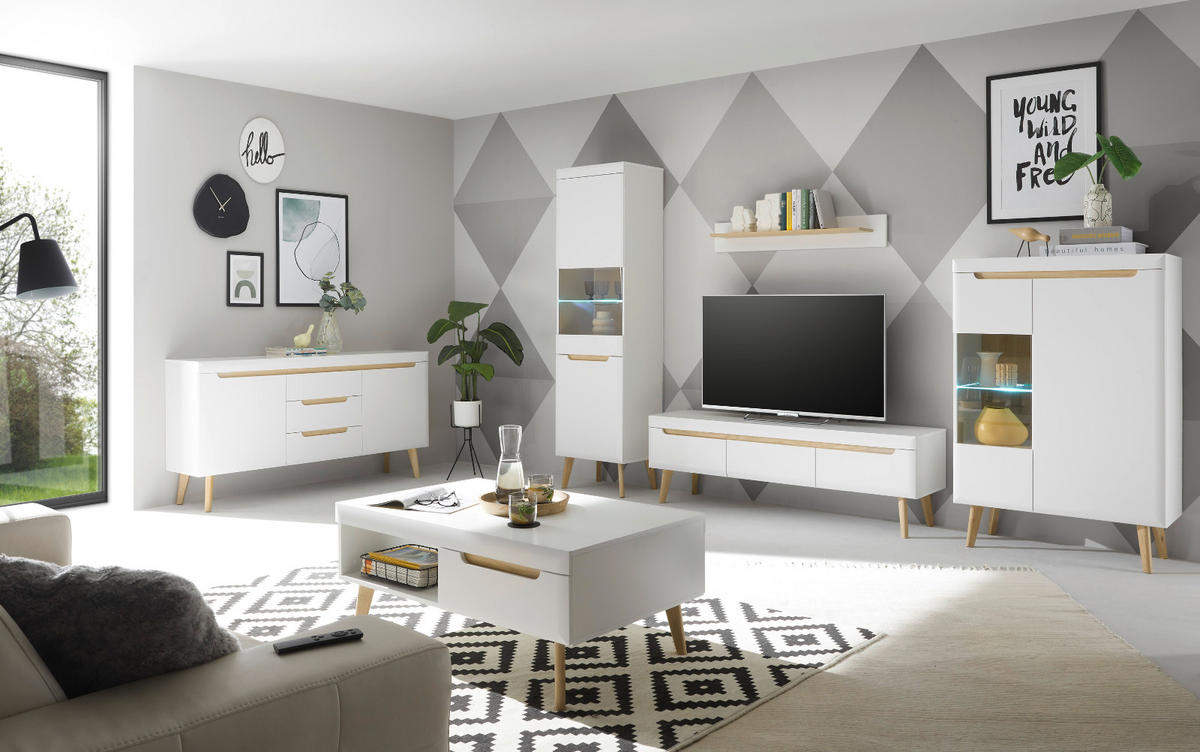 WOHNWAND 3-teilig weiß matt, Eiche, skandinavisch 270 cm, Schrankwand mit Soft-Close-Funktion - Eichefarben/Weiß, Glas/Eichenholz (270/170/40cm) - Furn.Design