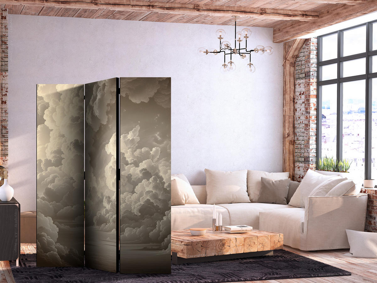 PARAVENT Akustik 3-tlg 135x172 cm Beige Wolken im Boho - Beige, Holz/Textil (135/172/3cm) - Muralo