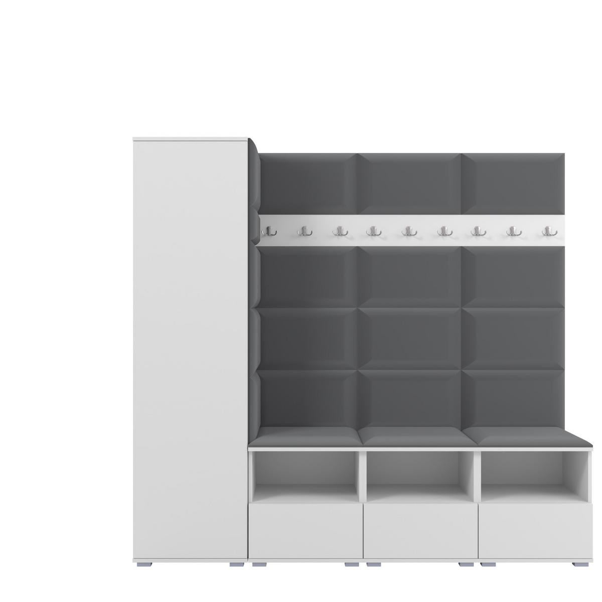 GARDEROBE NELA IX 200 cm (Modulare Flurmöbel Weiß mit Sitzpolster Dunkelgrau 15 Breite Sitzbank) - Dunkelgrau/Silberfarben, Holz/Holzwerkstoff (200/187/40cm) - Ravio
