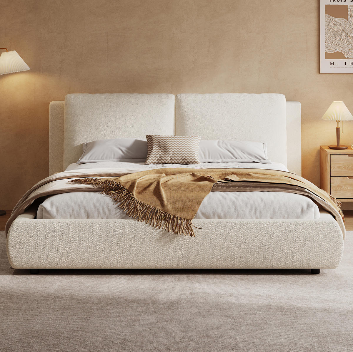 POLSTERBETT 180/200 cm mit Lattenrost, hydraulischem Stauraum und Bouclé-Bezug, Beige - Beige, Textil (180/200cm) - Redom